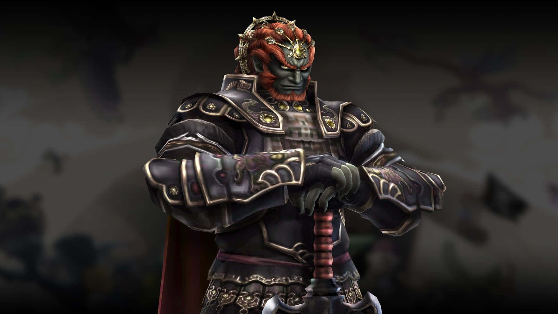 Ganondorf 桌布 壁紙 — 一個威嚇性的惡魔戰士身穿華麗的暗色盔甲，在陰暗的戰場背景下握著一把紅色劍柄的劍。