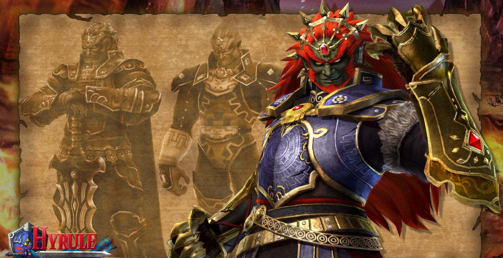 Ganondorf 桌布 壁紙 — 一個威嚇性的紅髮戰士身穿華麗的藍色和金色盔甲，站在羊皮紙般的背景前，身後有兩個陰影裝甲人物。