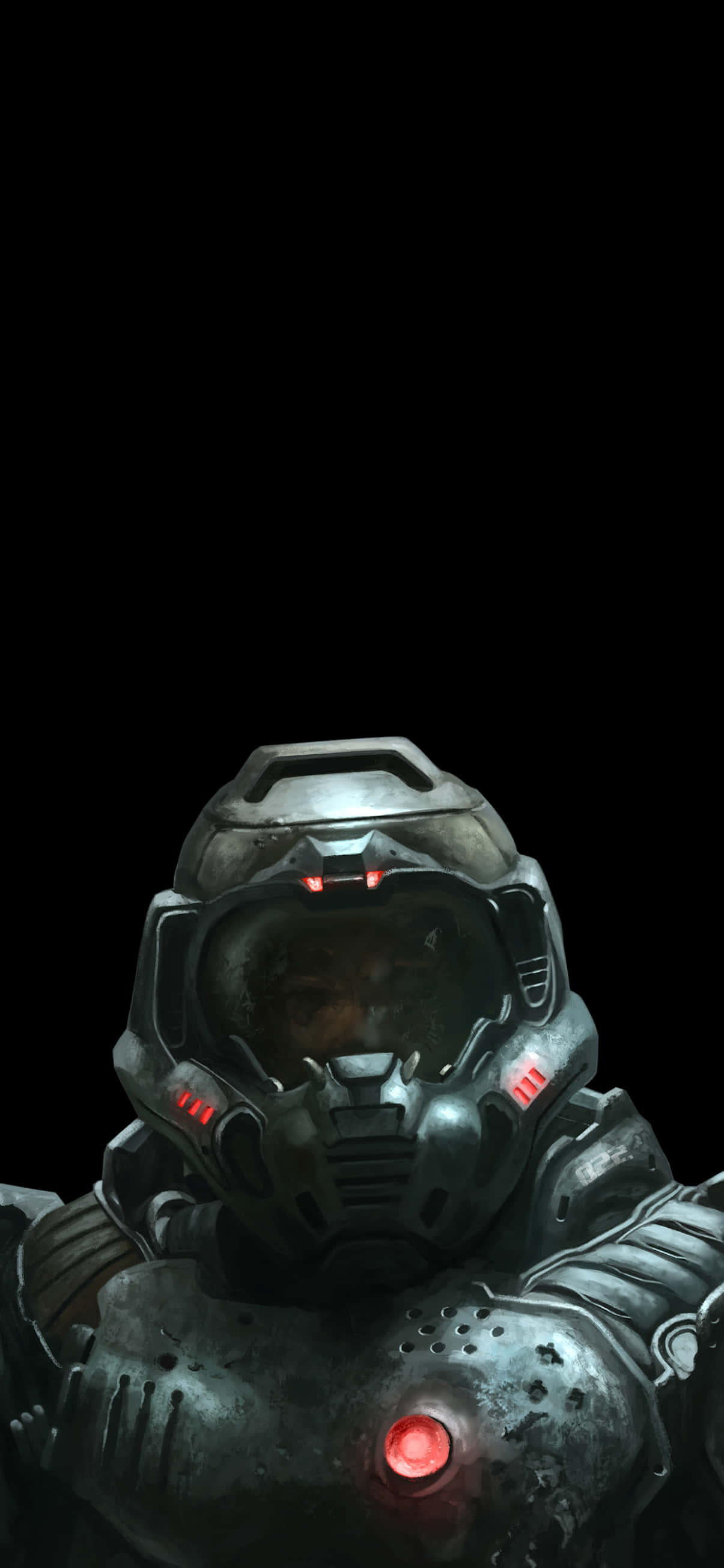 Doom Slayer 桌布 壁紙 — 一個威嚇性的裝甲士兵，帶有發光的紅色眼睛和胸部燈光，凝視著漆黑的虛空。