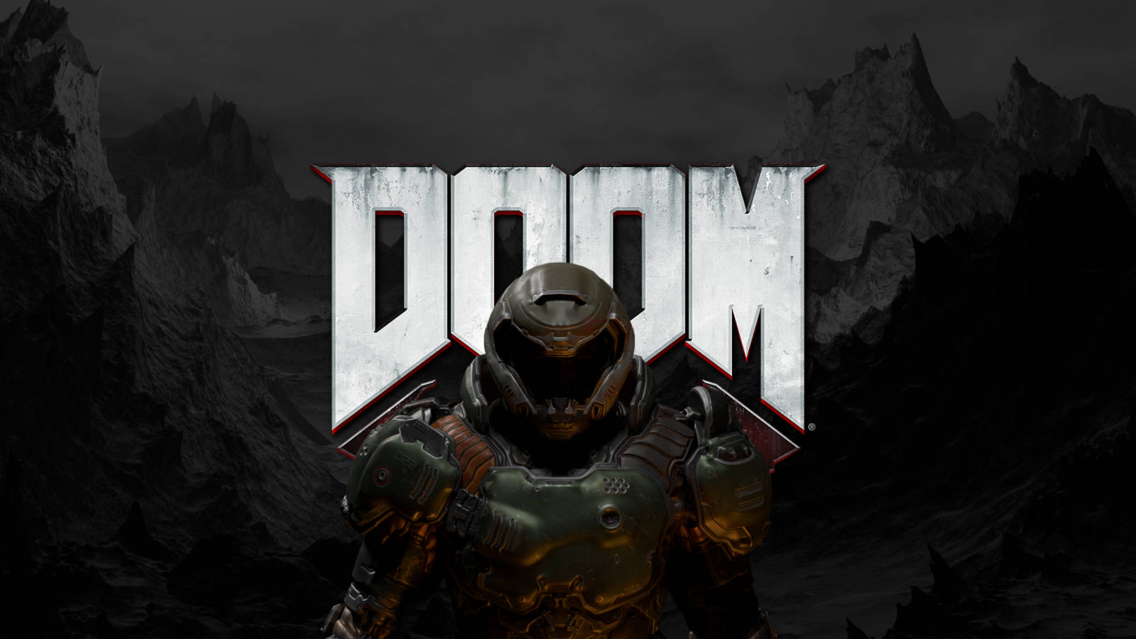 電玩遊戲 桌布 壁紙 — 一個威嚇性的裝甲士兵站在DOOM標誌前，背景是黑暗的山脈。