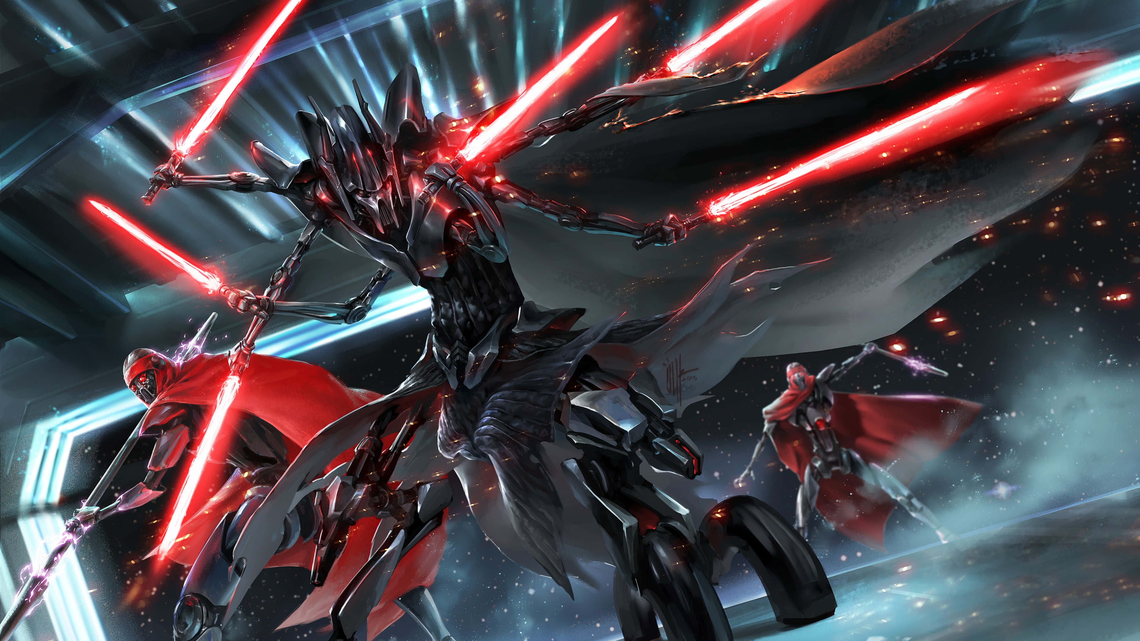 General Grievous 桌布 壁紙 — 一個威嚇性的裝甲戰士在充滿發光能量光束和星空的宇宙戰場上揮舞多把紅色光劍。