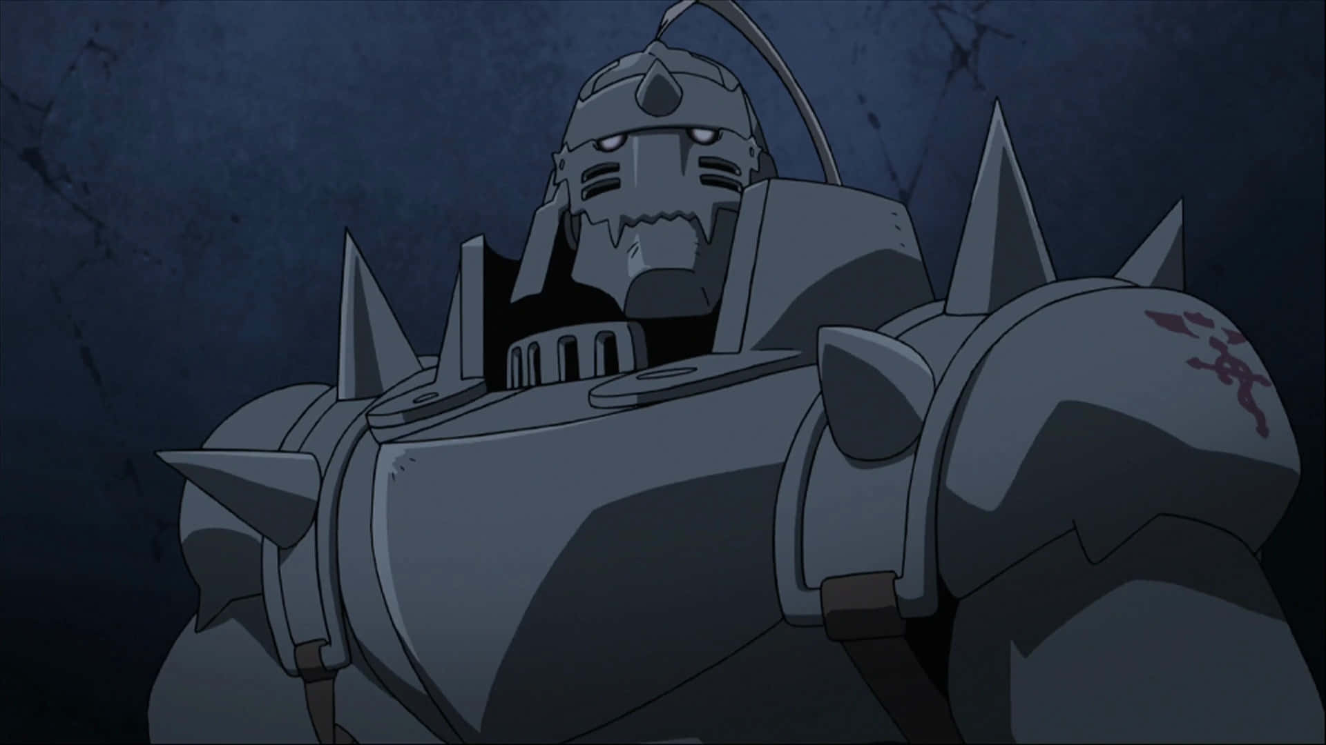Alphonse Elric 桌布 壁紙 — 一個威嚇性的裝甲騎士，擁有發光的眼睛和尖刺盔甲，站在黑暗、粗糙的環境中。