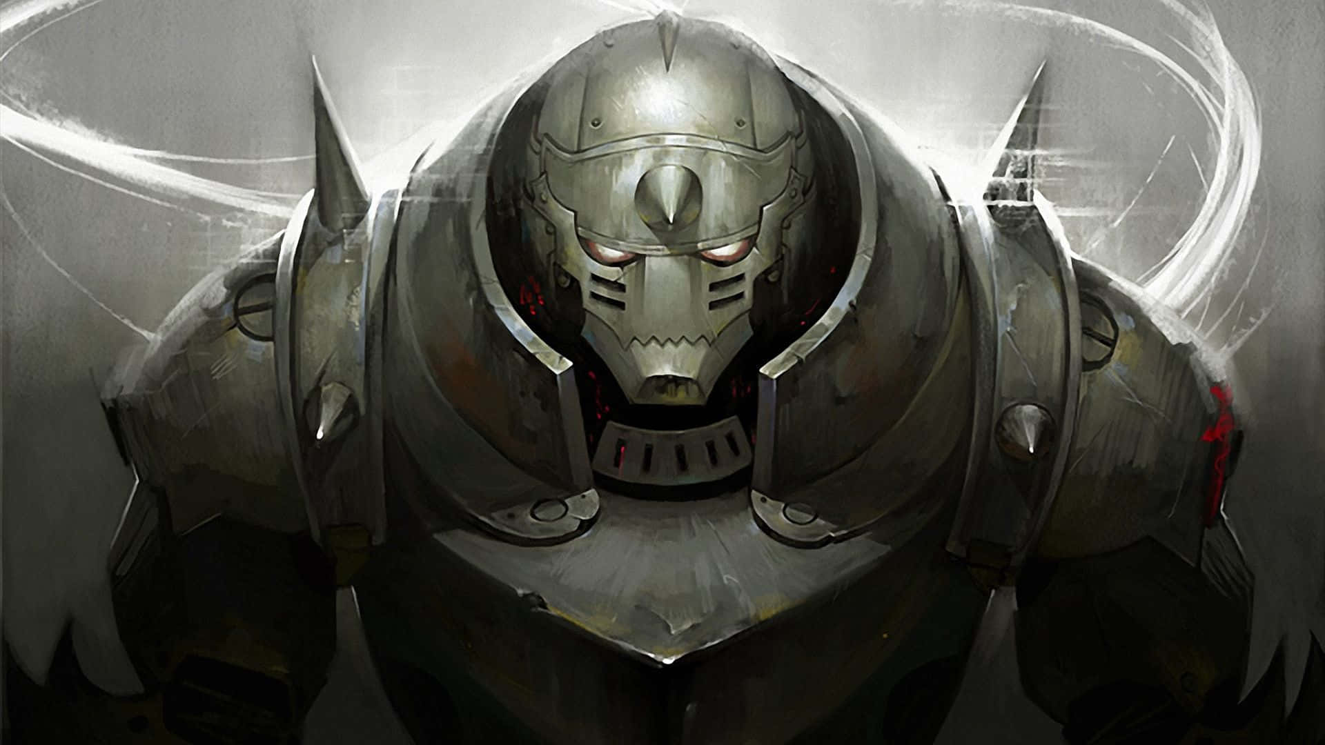 Alphonse Elric 桌布 壁紙 — 一個威嚇性的裝甲騎士，擁有發光的紅色眼睛和頭盔周圍旋轉的能量。