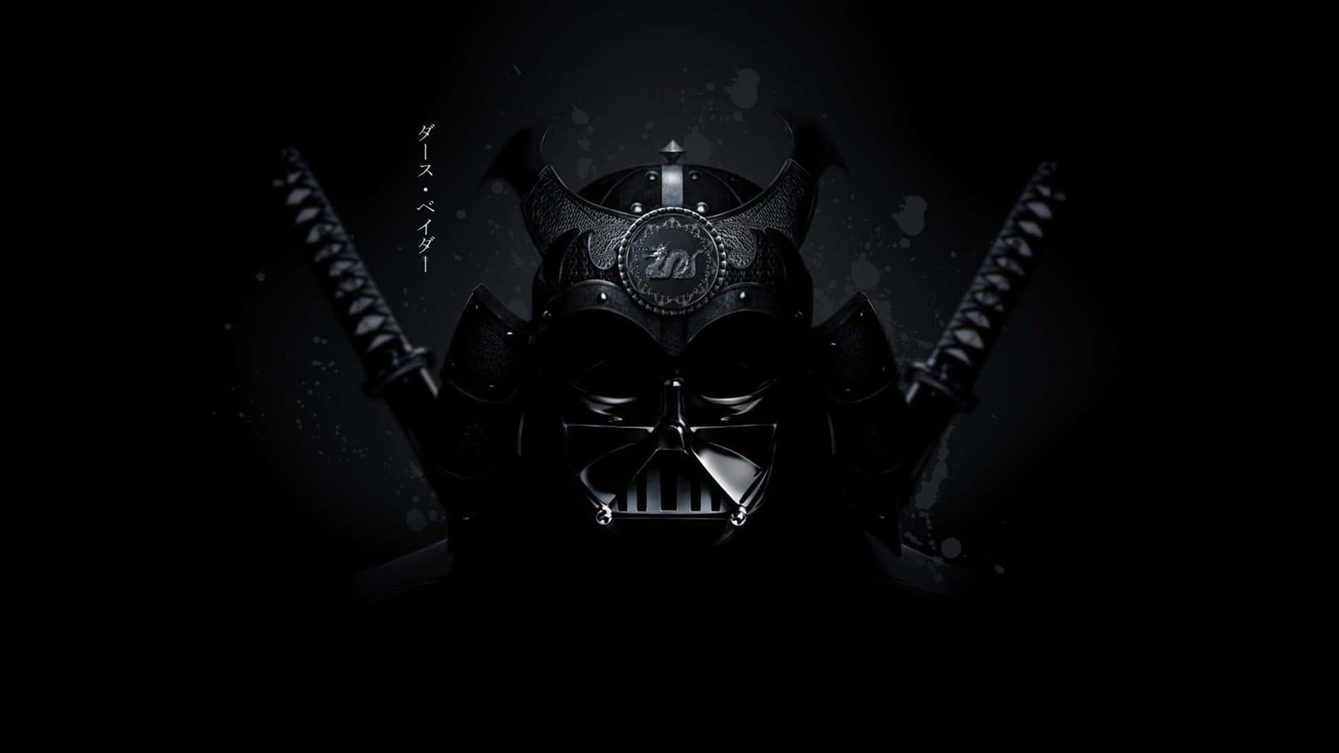 Bushido 桌布 壁紙 — 一個威嚇性的黑武士頭盔與武士兜融合，兩側各有一把武士刀，背景陰暗粗糙。