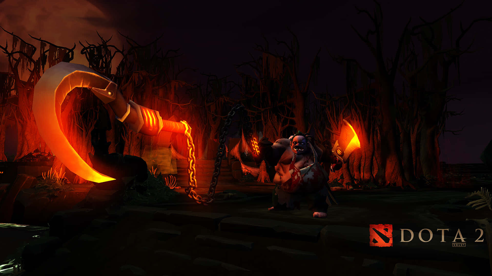 Hero 桌布 壁紙 — 一個威嚇的Dota 2英雄在夜晚黑暗陰森的森林中揮舞著發光的火焰鐮刀。
