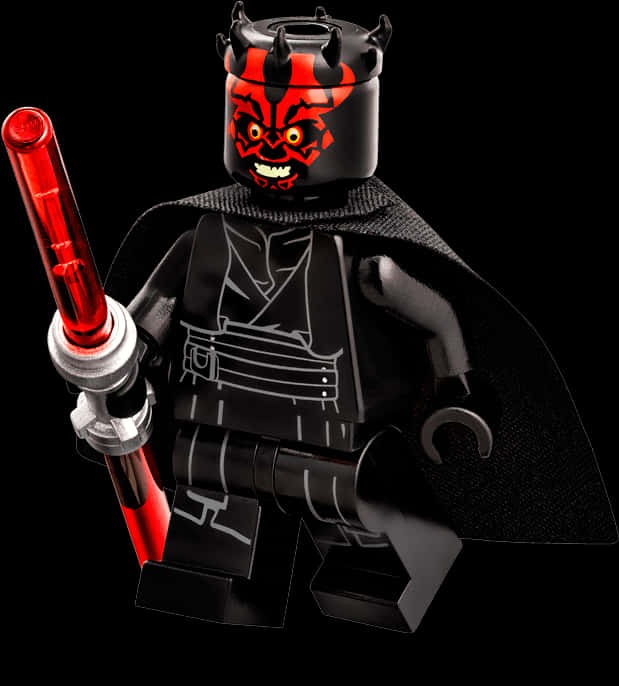 樂高 桌布 壁紙 — 一個威嚇的LEGO Darth Maul人偶，手持紅色光劍，披著黑色斗篷，站在黑色背景前。