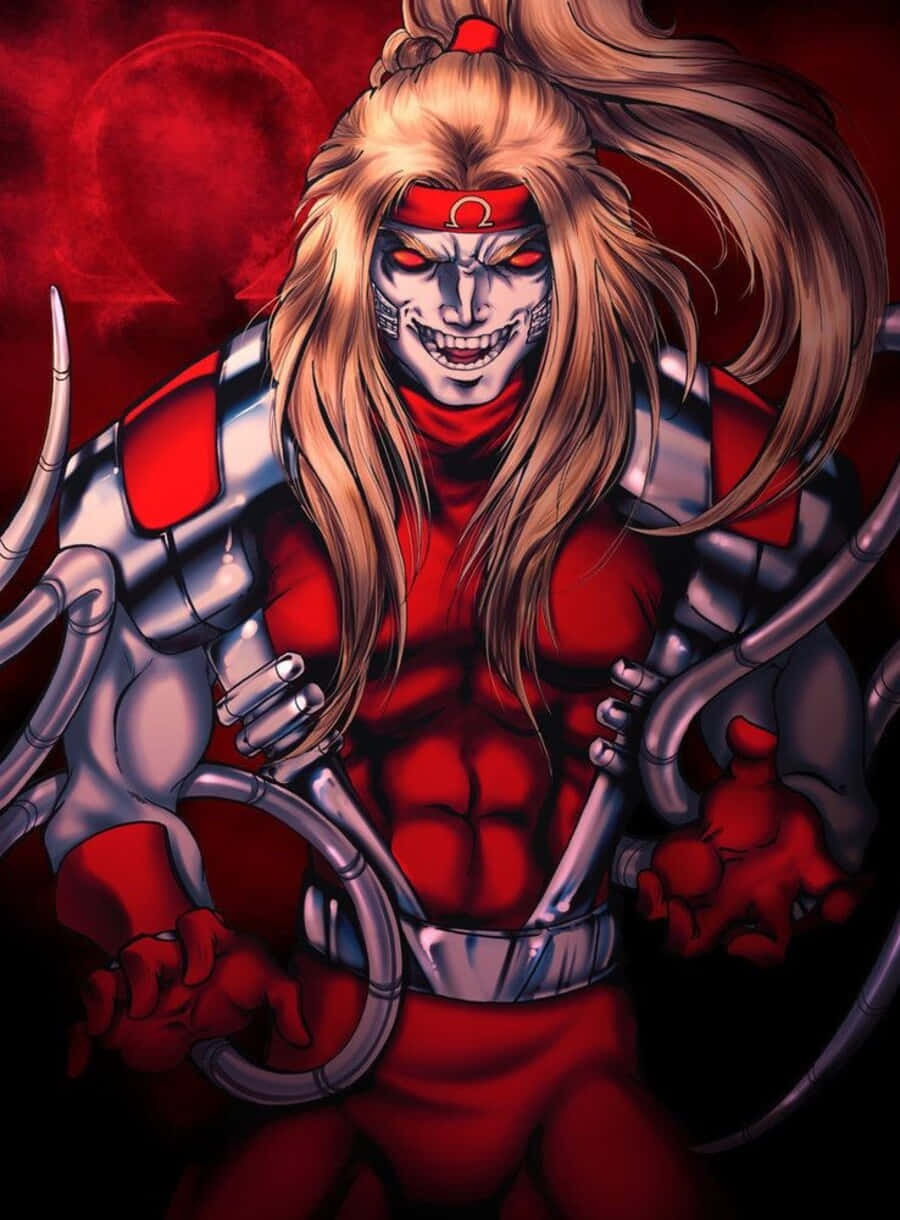 Omega Red 桌布 壁紙 — 一個威嚇的動漫戰士，長長的金髮和紅色的眼睛，穿著紅色和銀色的盔甲，背景是深紅色。
