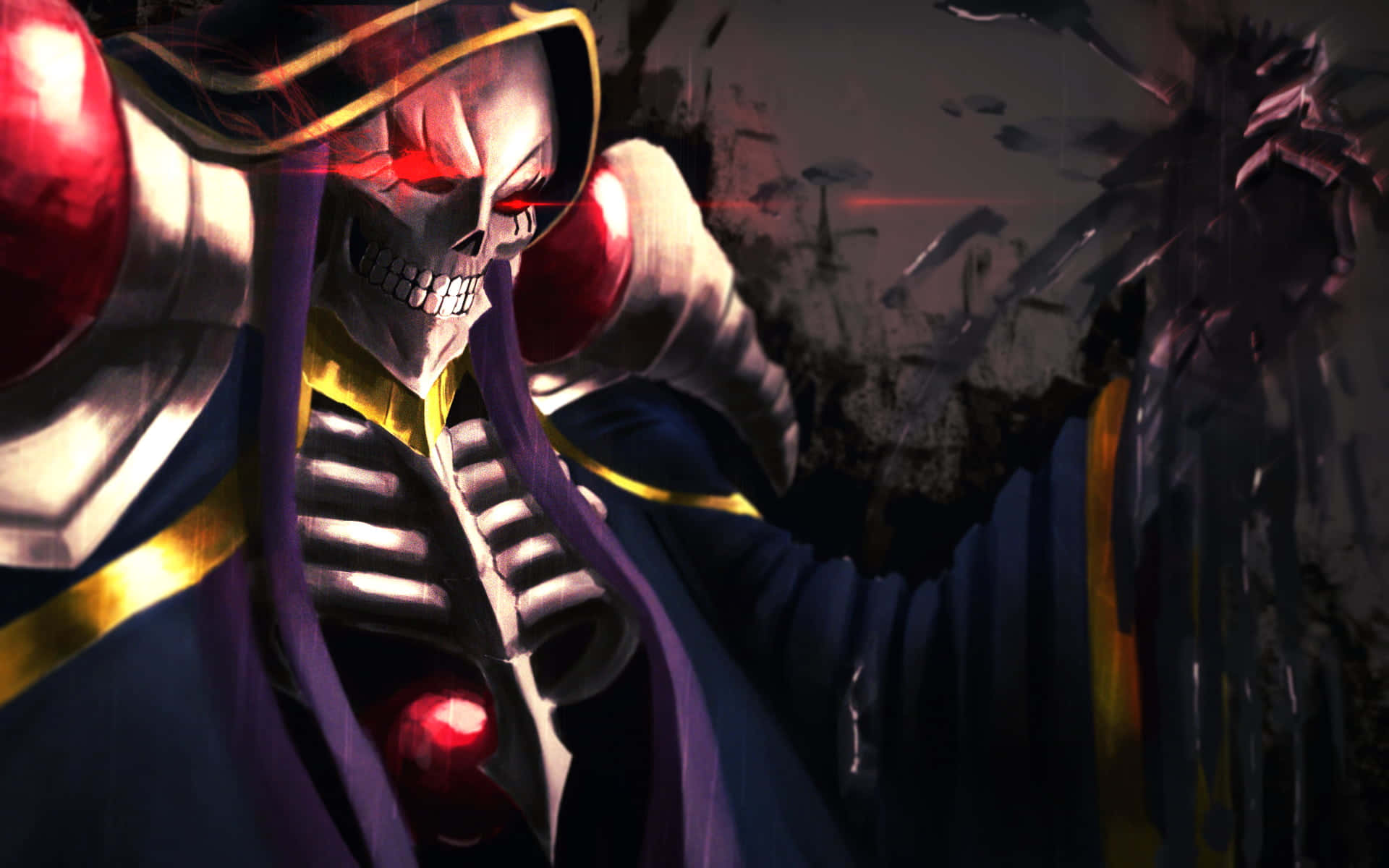 Dark Overlord 桌布 壁紙 — 一個威嚇的動漫骷髏戰士，有著發光的紅眼睛和紫色斗篷，在黑暗破碎的背景前擺出強有力的姿勢。
