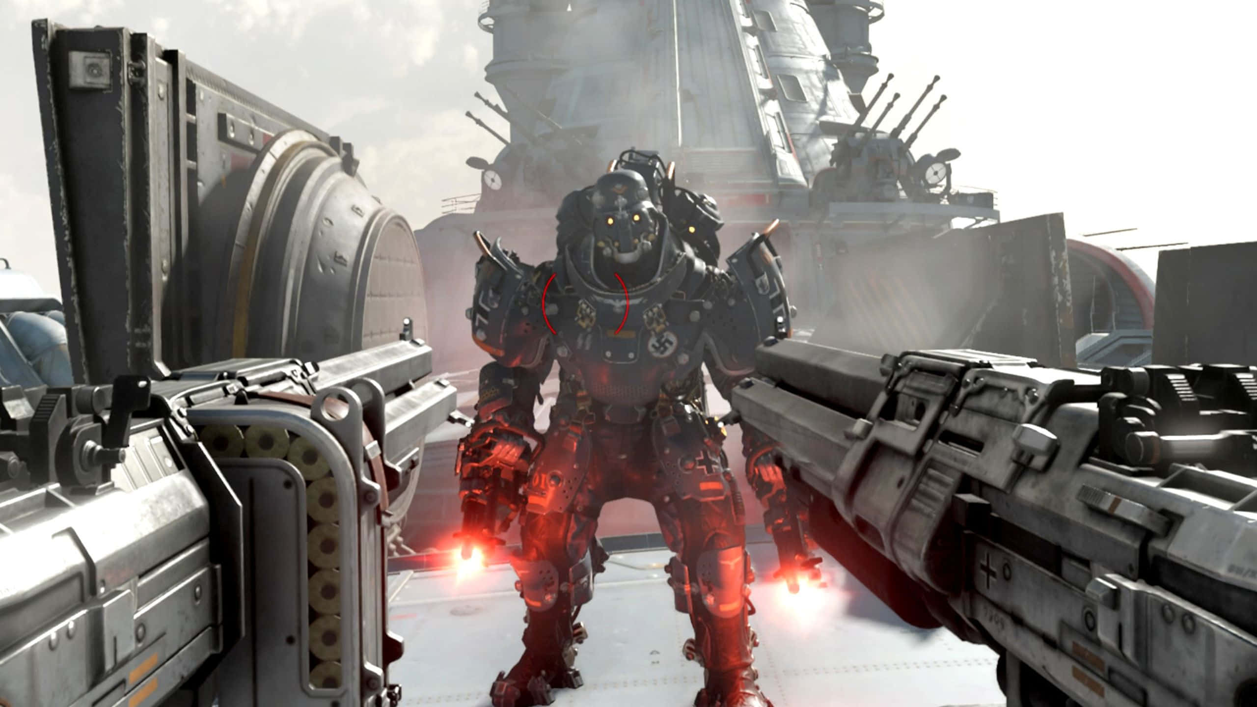 Wolfenstein Ii 桌布 壁紙 — 一個威嚇的裝甲士兵穿著發光的紅色靴子，站在戰艦機庫中，兩側是巨大的武器。