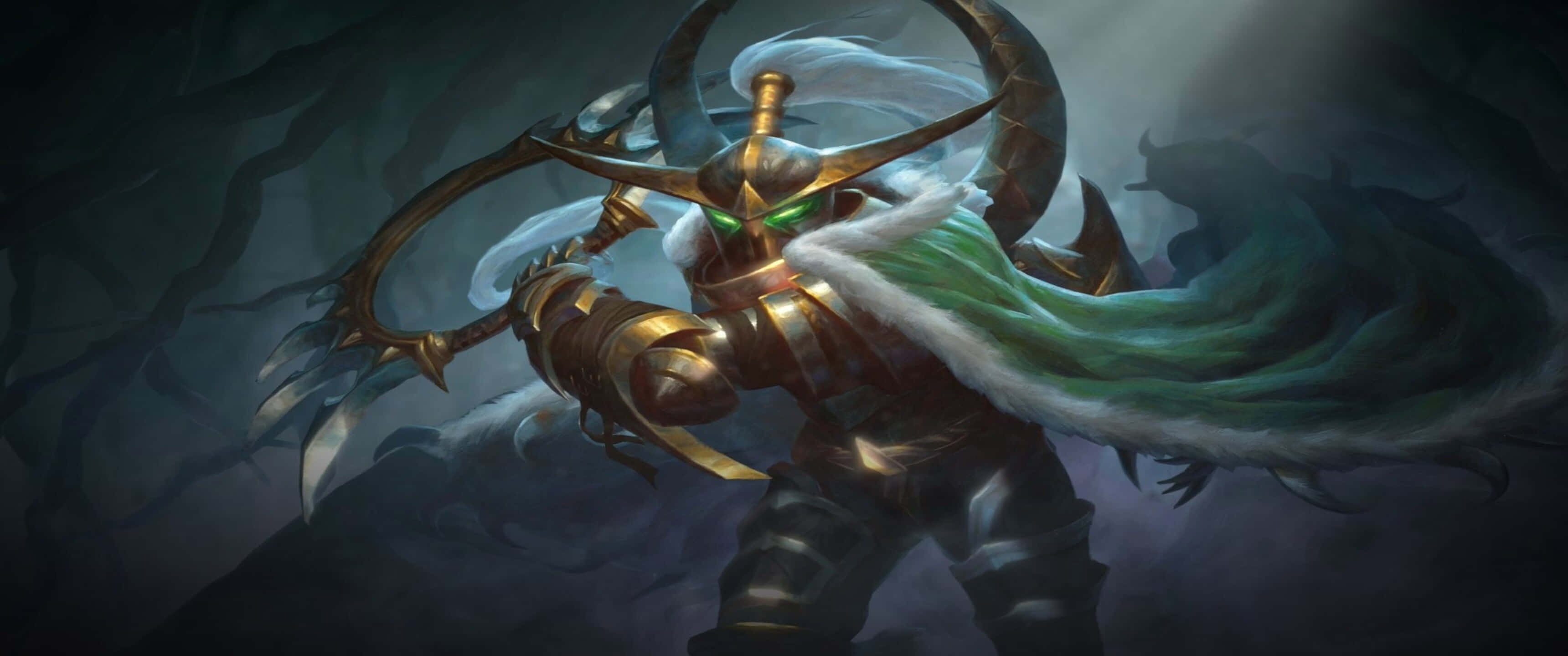 3440x1440p Hearthstone 桌布 壁紙 — 一個威嚇的裝甲戰士，擁有發光的綠色眼睛和飄逸的青綠色斗篷，站在一個黑暗、風暴肆虐的洞穴中。