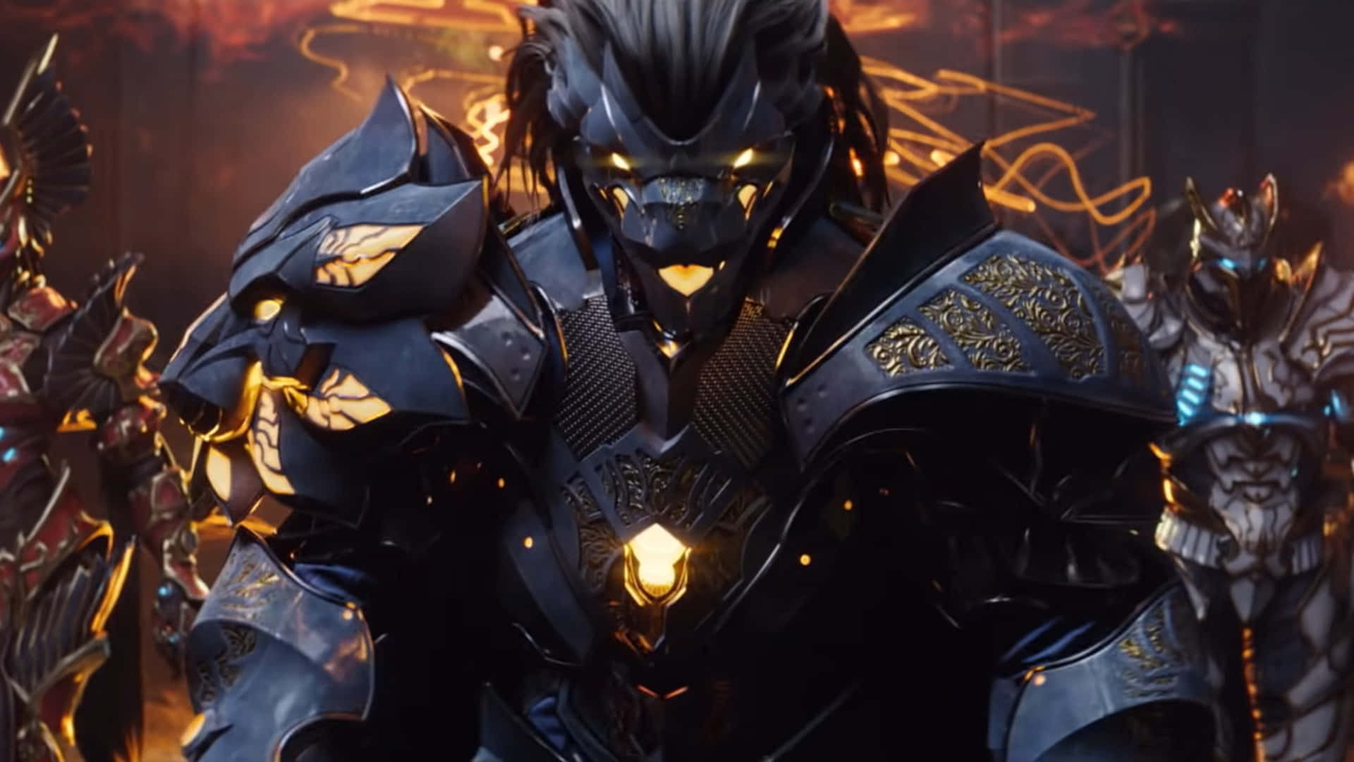 1080p Godfall 桌布 壁紙 — 一個威嚇的裝甲戰士，擁有發光的金色眼睛和複雜的黑色盔甲，以火熱的戰鬥姿態站立。