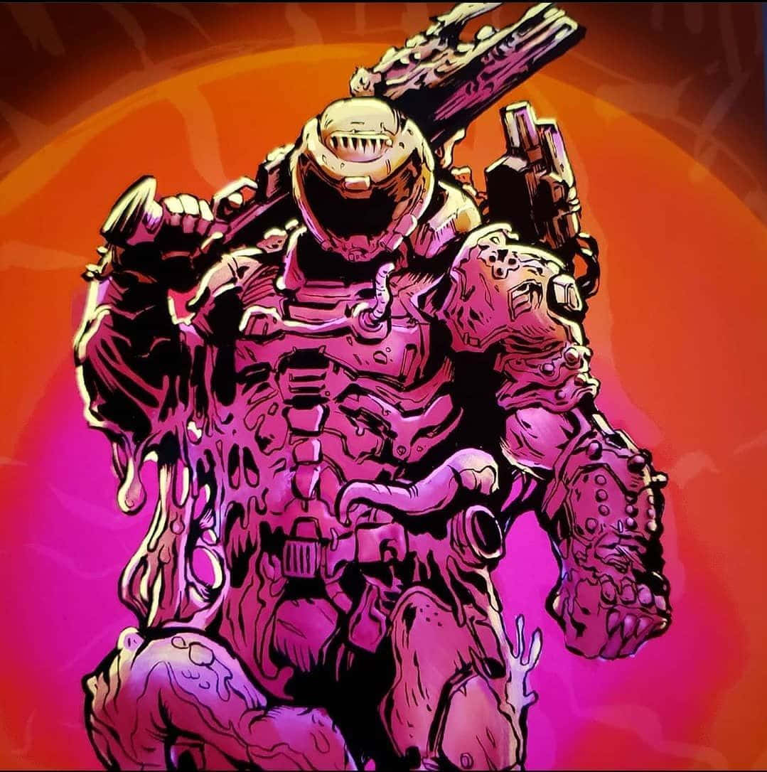 Doom Slayer 桌布 壁紙 — 一個威嚇的裝甲戰士，身穿發光紫色盔甲和武器，站在火熱的橙色和粉紅色漸變背景前。