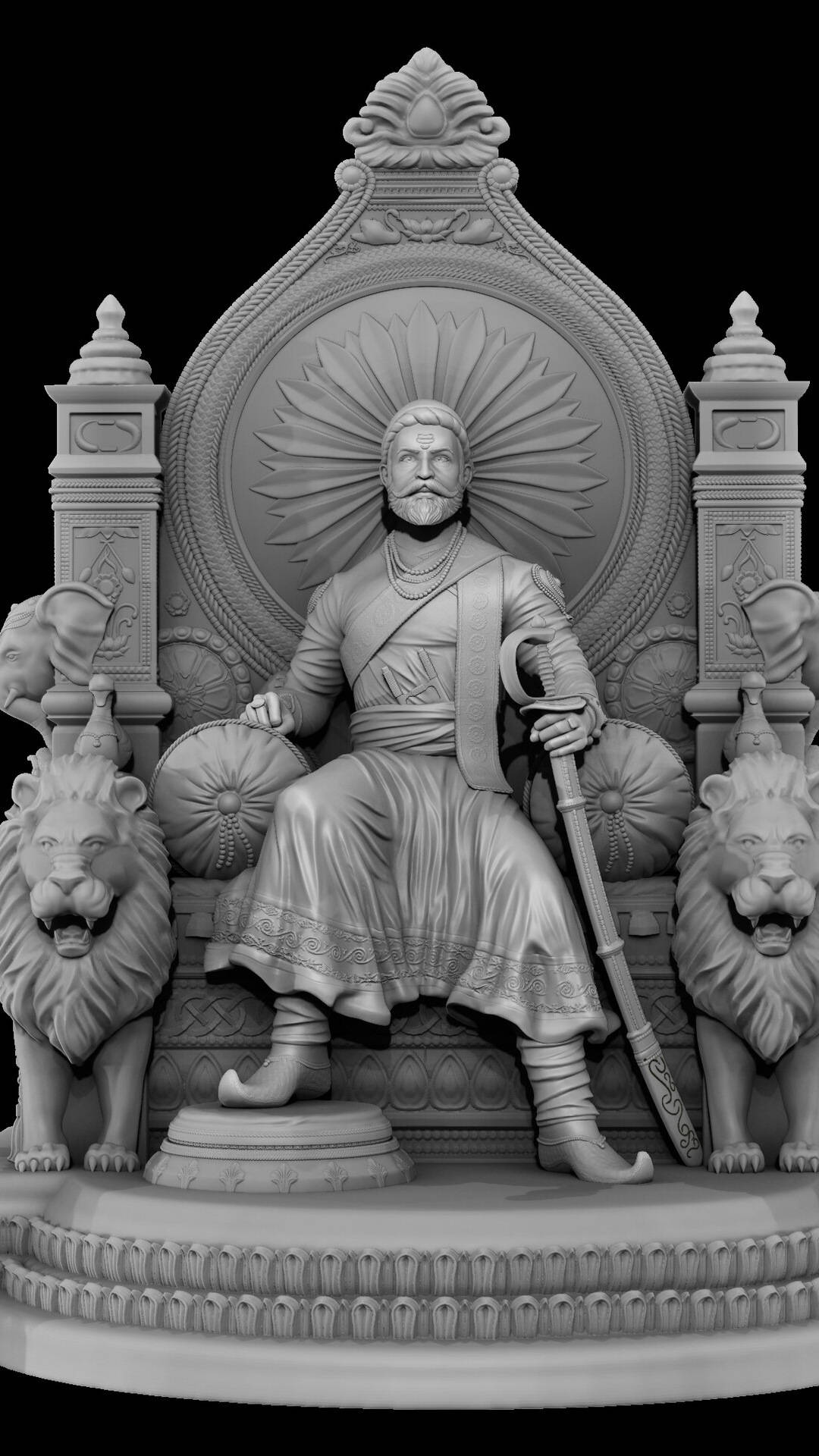 希瓦吉 Maharaj 高清壁紙 桌布 壁紙 — 一個威嚴的3D渲染雕像，描繪一位鬍鬚國王坐在華麗的王座上，兩側有兩隻獅子手持劍。