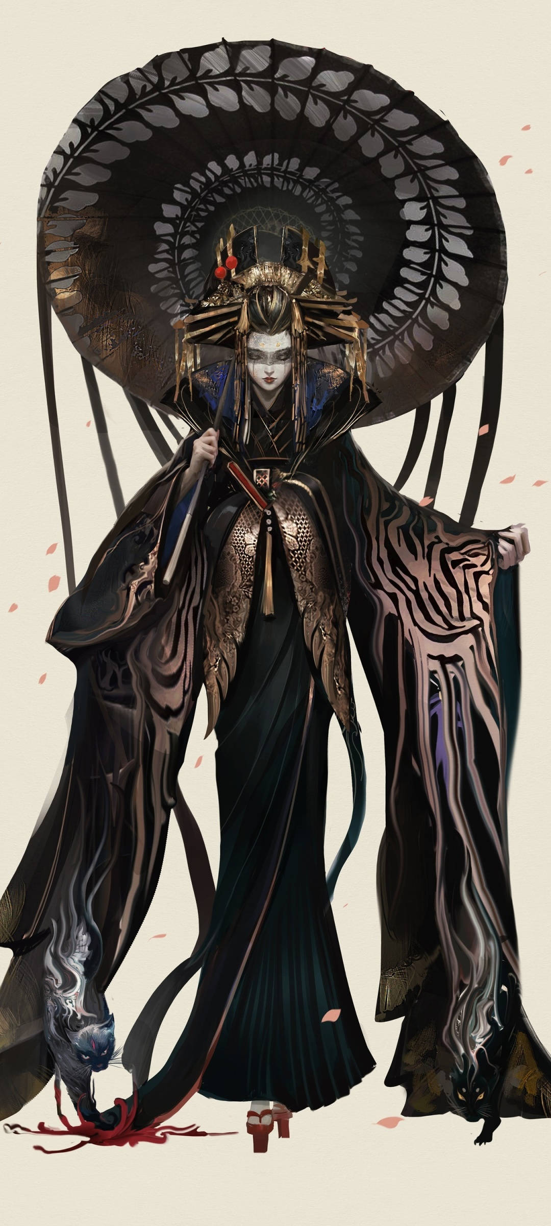 Geisha 桌布 壁紙 — 一個威嚴的動漫風格人物，身穿華麗的黑色長袍，在蒼白的背景中手持巨大的裝飾傘，櫻花飄落。