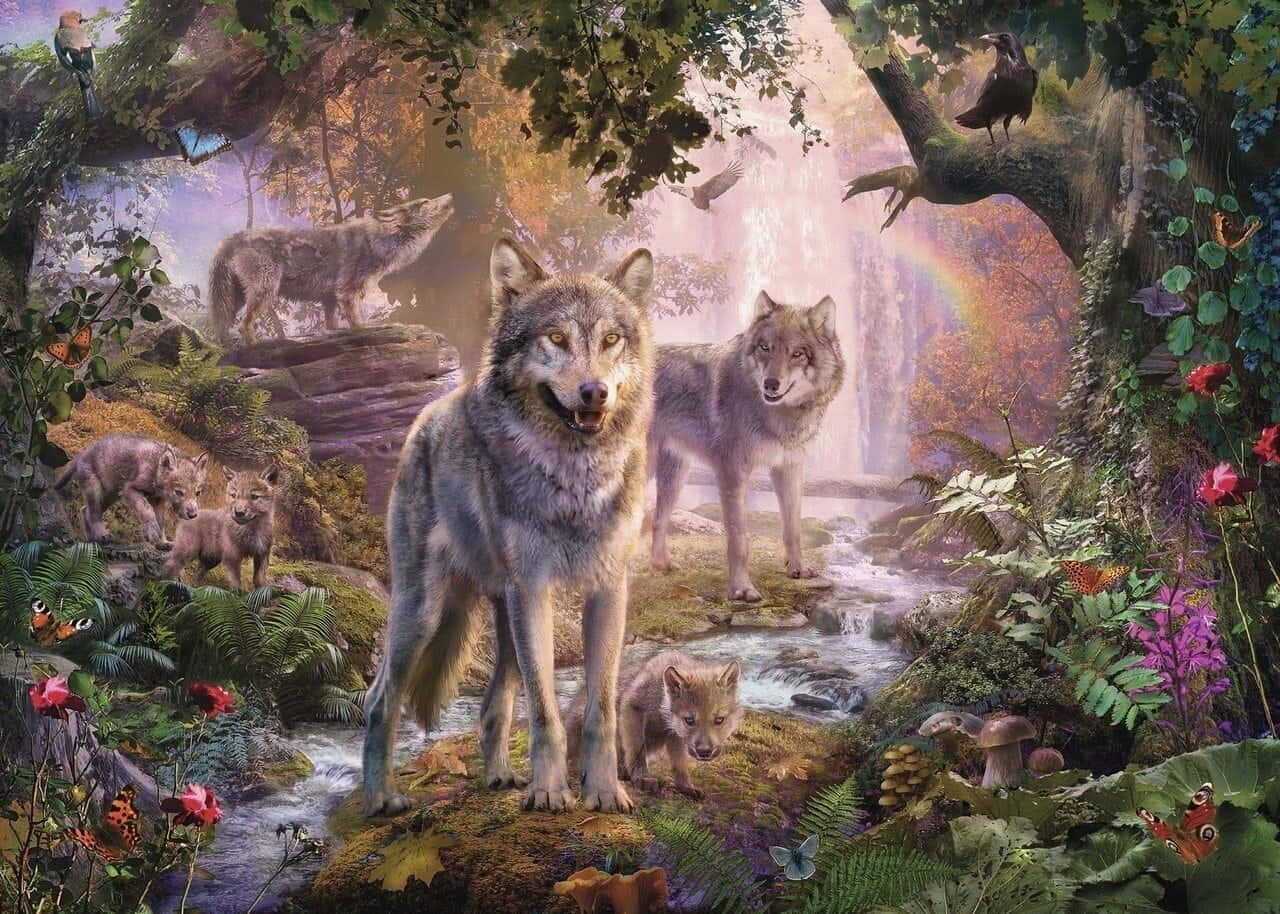 Wolf In Summer 桌布 壁紙 — 一個威嚴的狼家族站在茂密的森林空地中，有瀑布彩虹和蝴蝶飛舞。