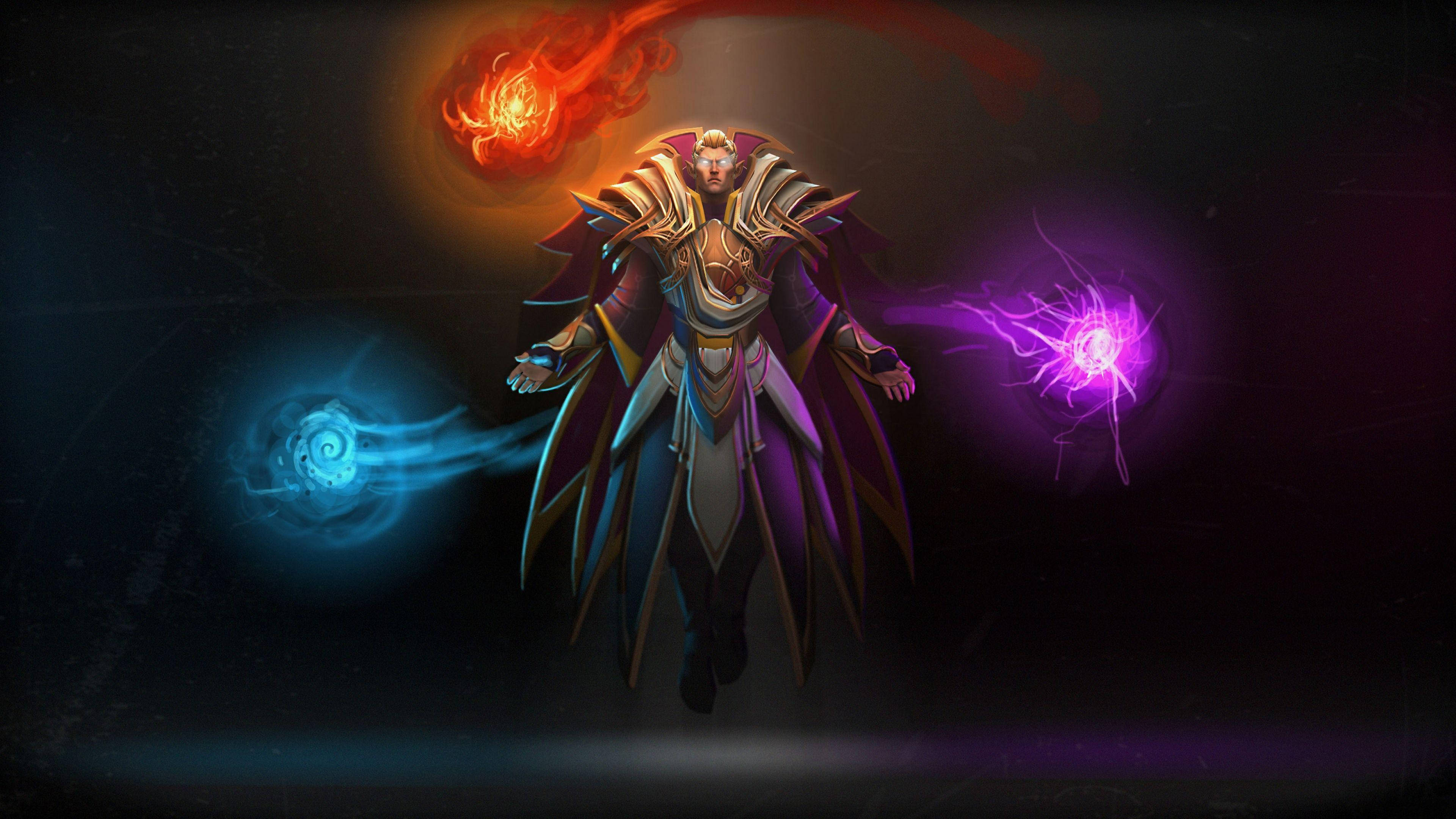 dota 2 4K 桌布 壁紙 — 一個威嚴的裝甲人物漂浮在旋轉的元素球體中，有火焰、藍色和紫色，背景是黑暗的宇宙。