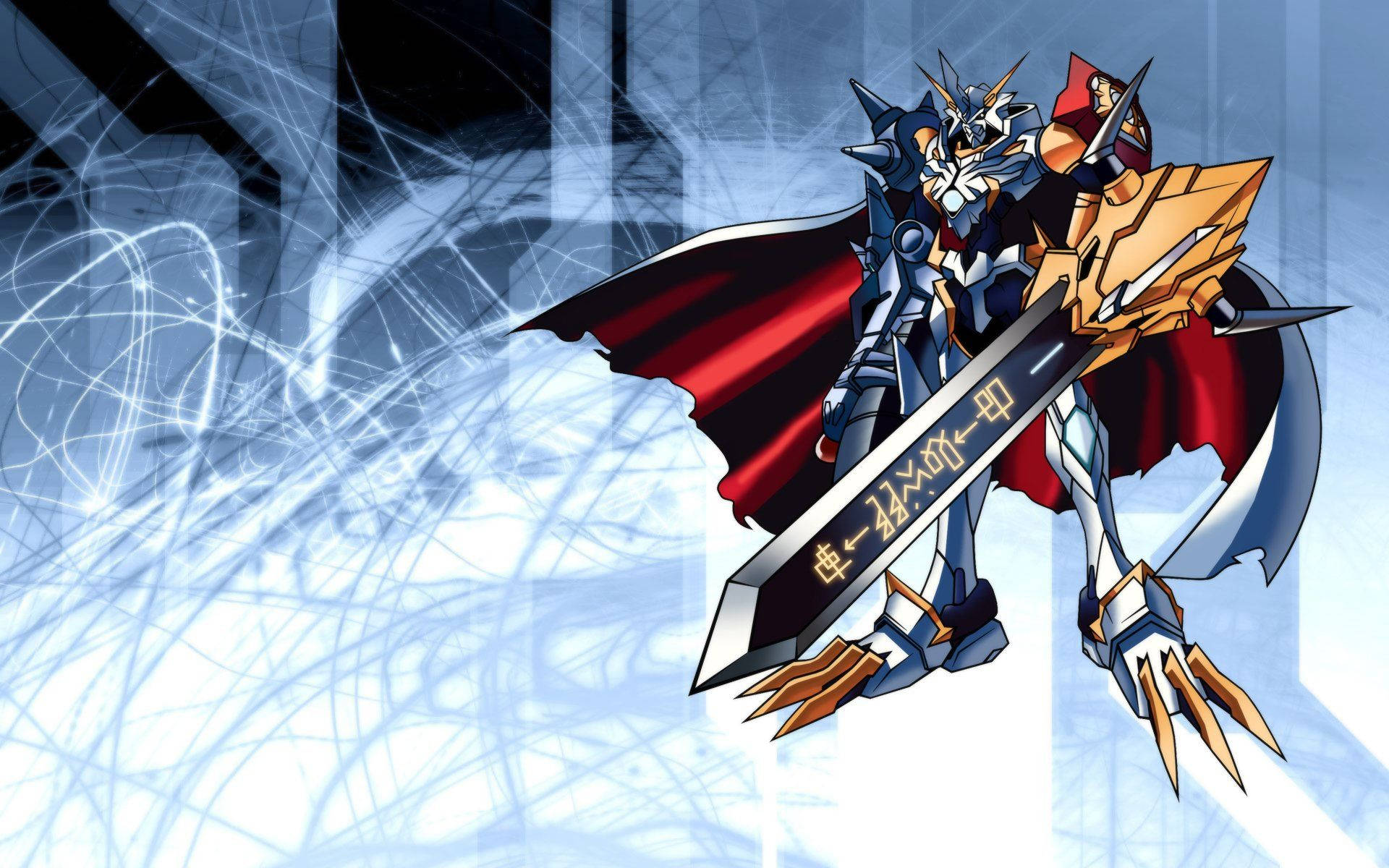 Digimon 桌布 壁紙 — 一個威嚴的裝甲數位怪物，披著紅色斗篷，揮舞著發光的劍，背景是旋轉的藍色能量。