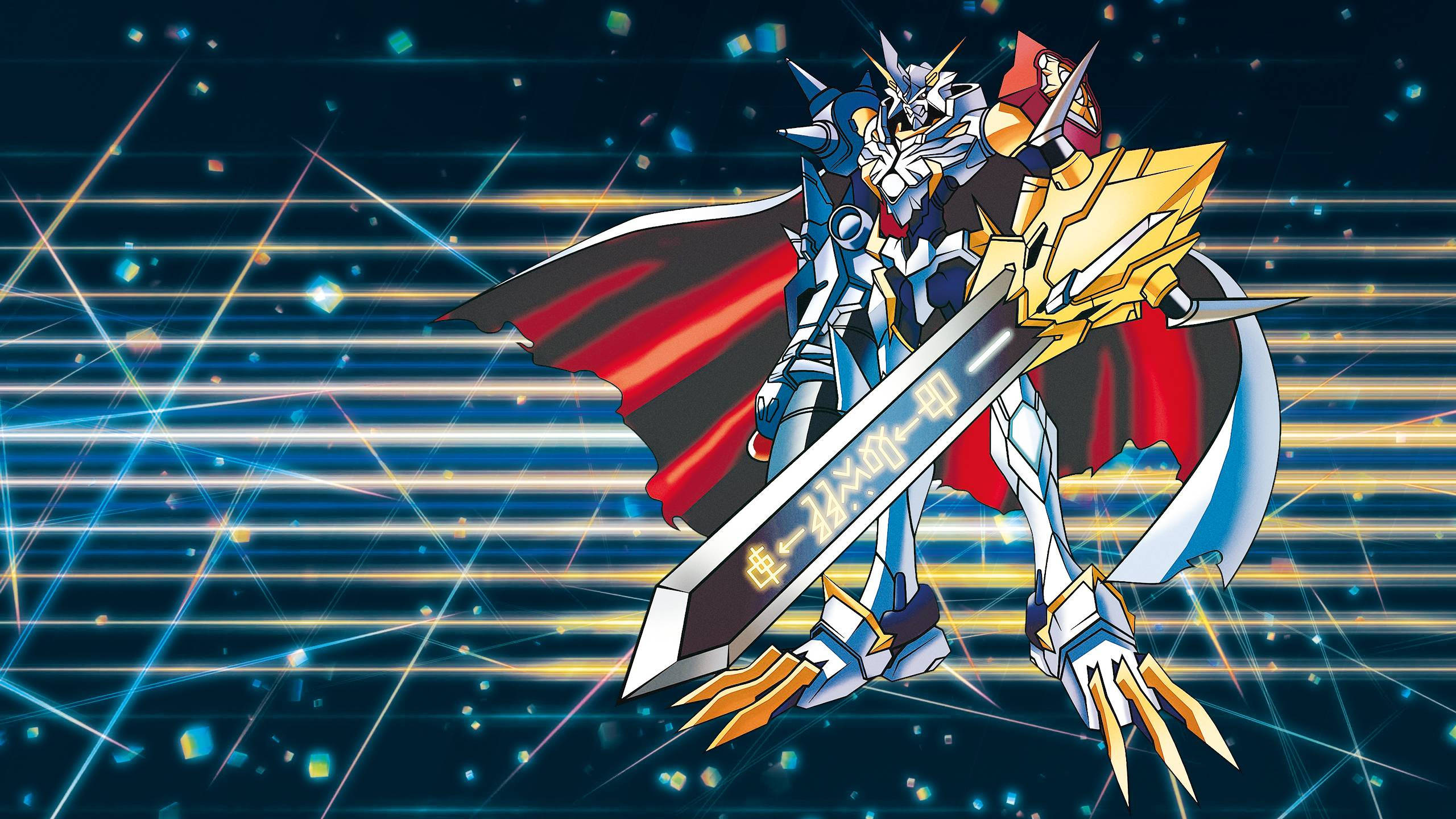 Digimon 桌布 壁紙 — 一個威嚴的裝甲數位怪物，披著紅色斗篷，手持發光劍，英勇地站在星光閃爍的霓虹網格背景前。