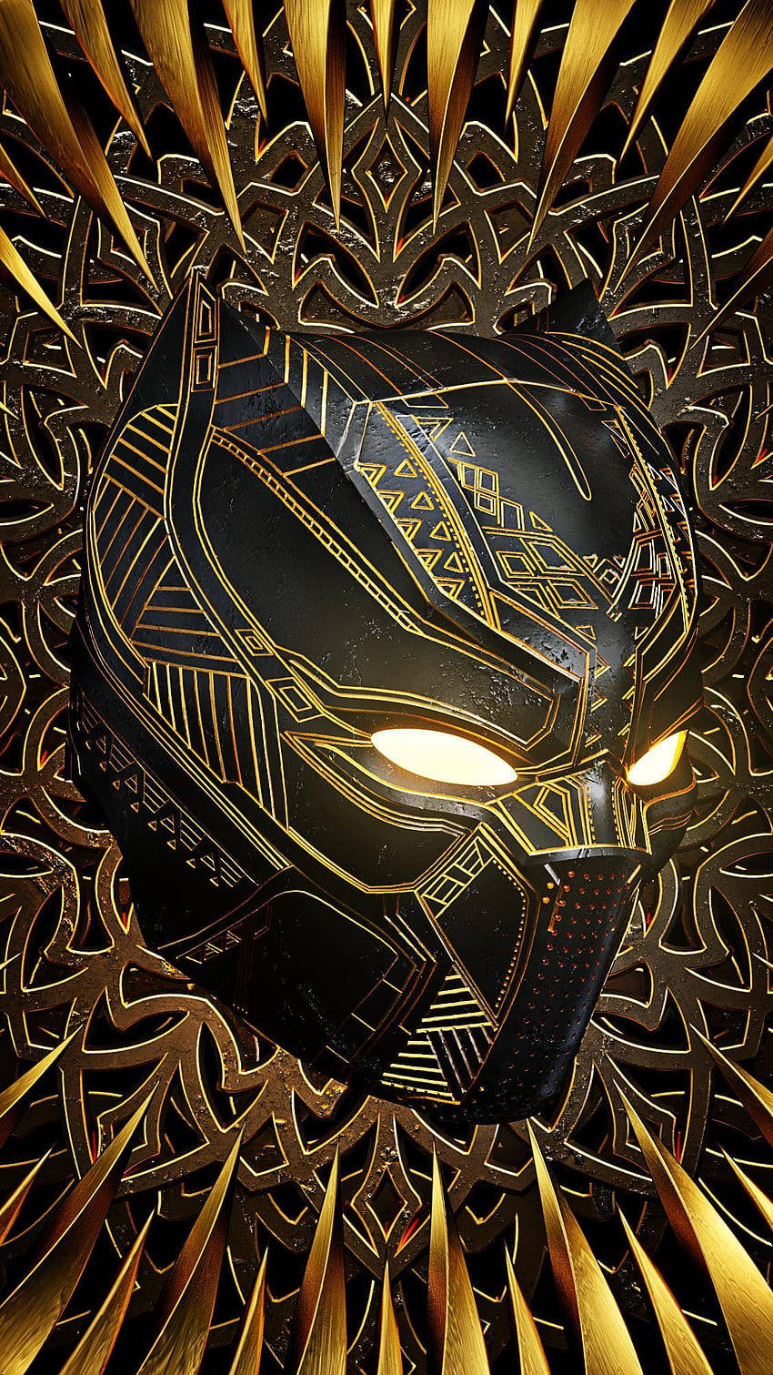 avengers android 桌布 壁紙 — 一個威嚴的黑色豹面具，帶有發光的眼睛和複雜的金色圖案，在金色尖刺背景上散發力量。