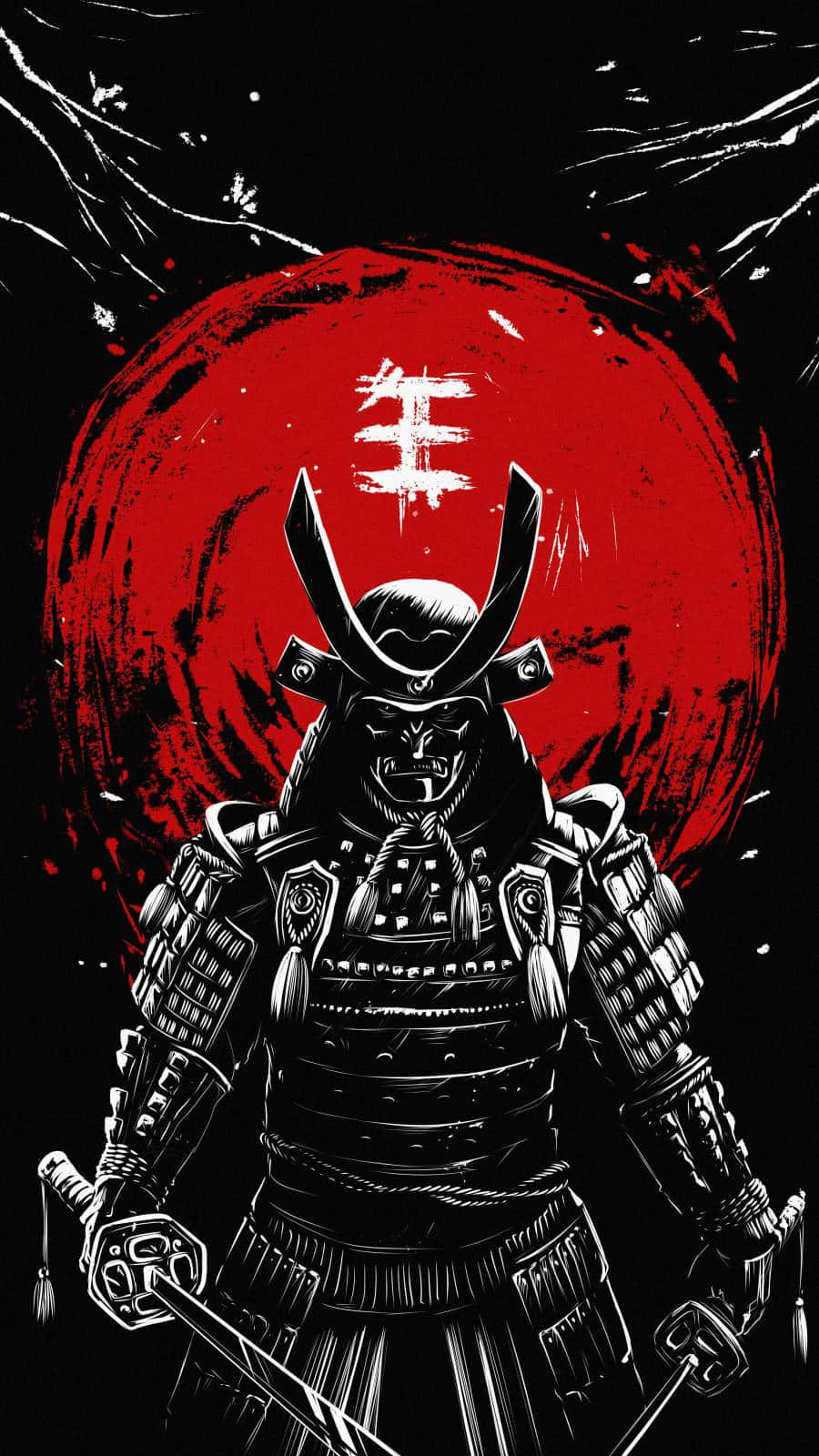 神劍闖江湖 桌布 壁紙 — 一個威猛的武士穿著精細的黑色盔甲，站在血紅色的太陽前，帶有白色漢字符號。