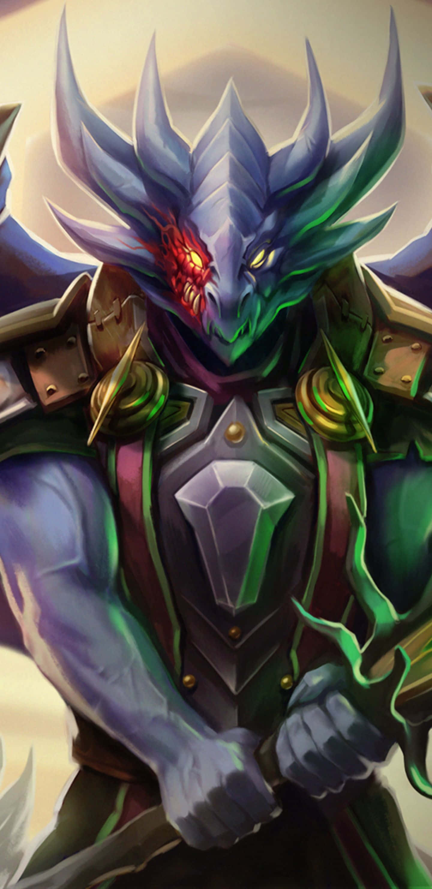 Pixel 3xl Runescape 桌布 壁紙 — 一個威猛的龍形戰士，身穿華麗盔甲，閃爍著綠色和紅色的眼睛，以英雄姿態站立。
