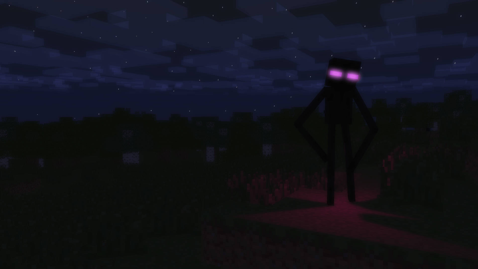 Enderman 桌布 壁紙 — 一個威脅性的 Minecraft 終界使者站在發光的紅色路徑上，在星空夜空下，有方塊狀的雲。