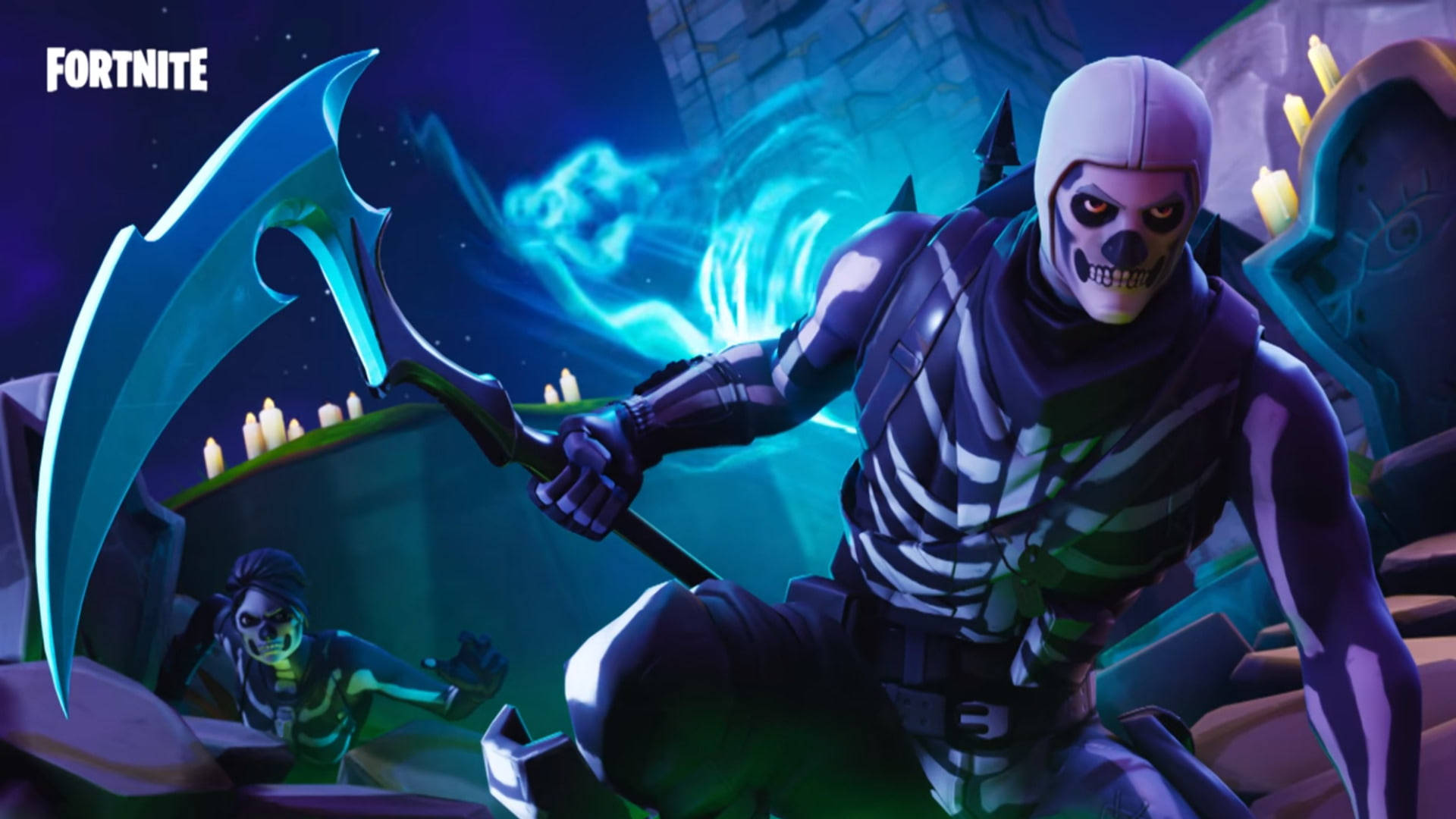 Fortnite iPad 桌布 壁紙 — 一個威脅性的Fortnite骷髏戰士在黑暗神秘遺跡中揮舞著發光的藍色鐮刀，遺跡由蠟燭照亮。
