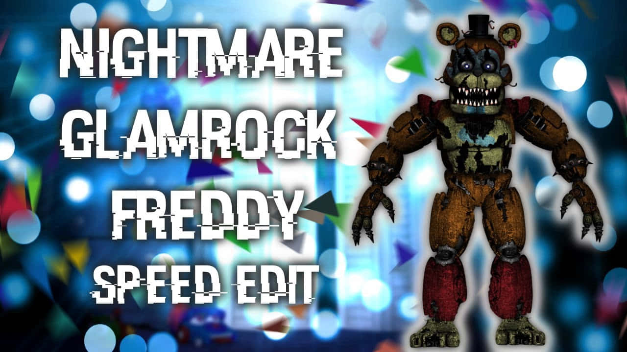 佛萊迪餐館之五夜驚魂 桌布 壁紙 — 一個威脅性的Nightmare Glamrock Freddy機械人站在充滿活力的散景背景前，伴隨著彩色紙屑和故障文字。