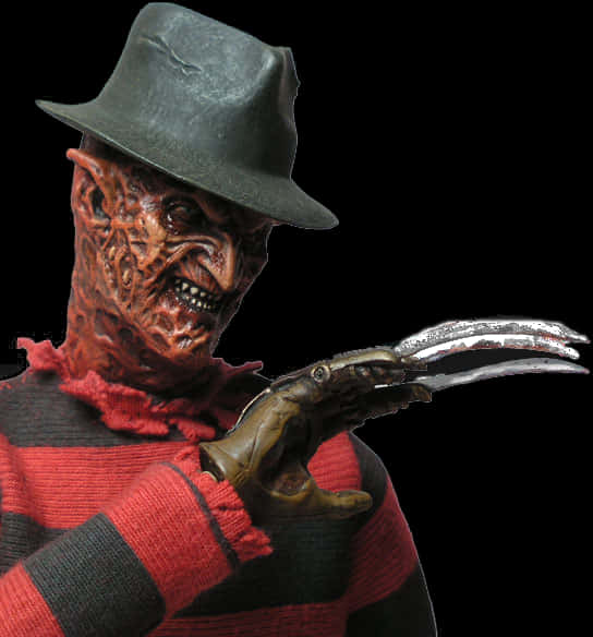 Freddy Krueger 桌布 壁紙 — 一個威脅性的佛萊迪·克魯格，身穿標誌性的紅條紋毛衣和帽子，在純黑背景上揮舞著他標誌性的利刃手套。