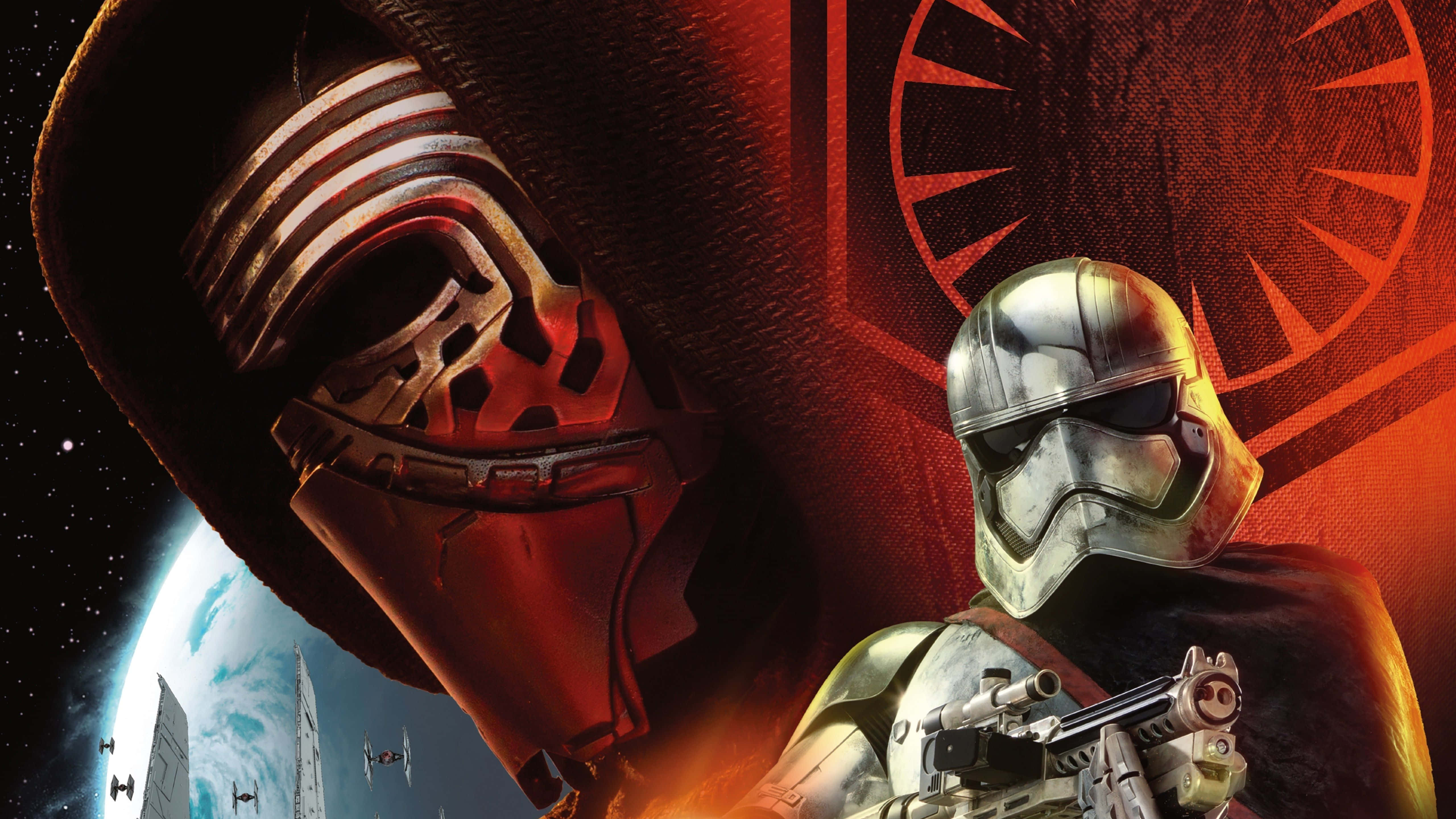 Captain Phasma 桌布 壁紙 — 一個威脅性的凱羅·忍聳立在一個第一軍團的風暴兵之上，背景是星空、行星和星際戰機。