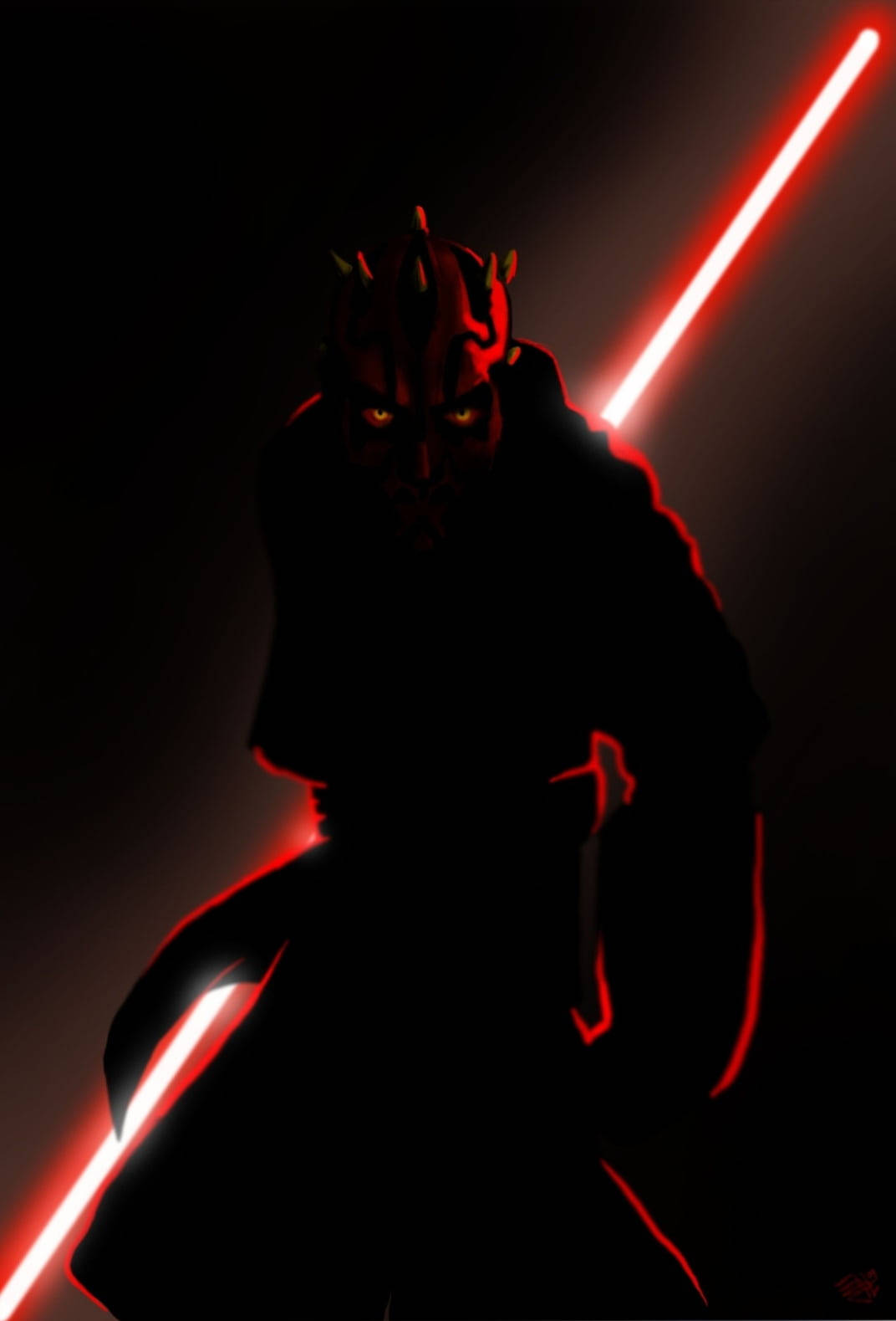 Star Wars Red 桌布 壁紙 — 一個威脅性的剪影，達斯摩爾在黑暗背景中揮舞著兩把紅色光劍。