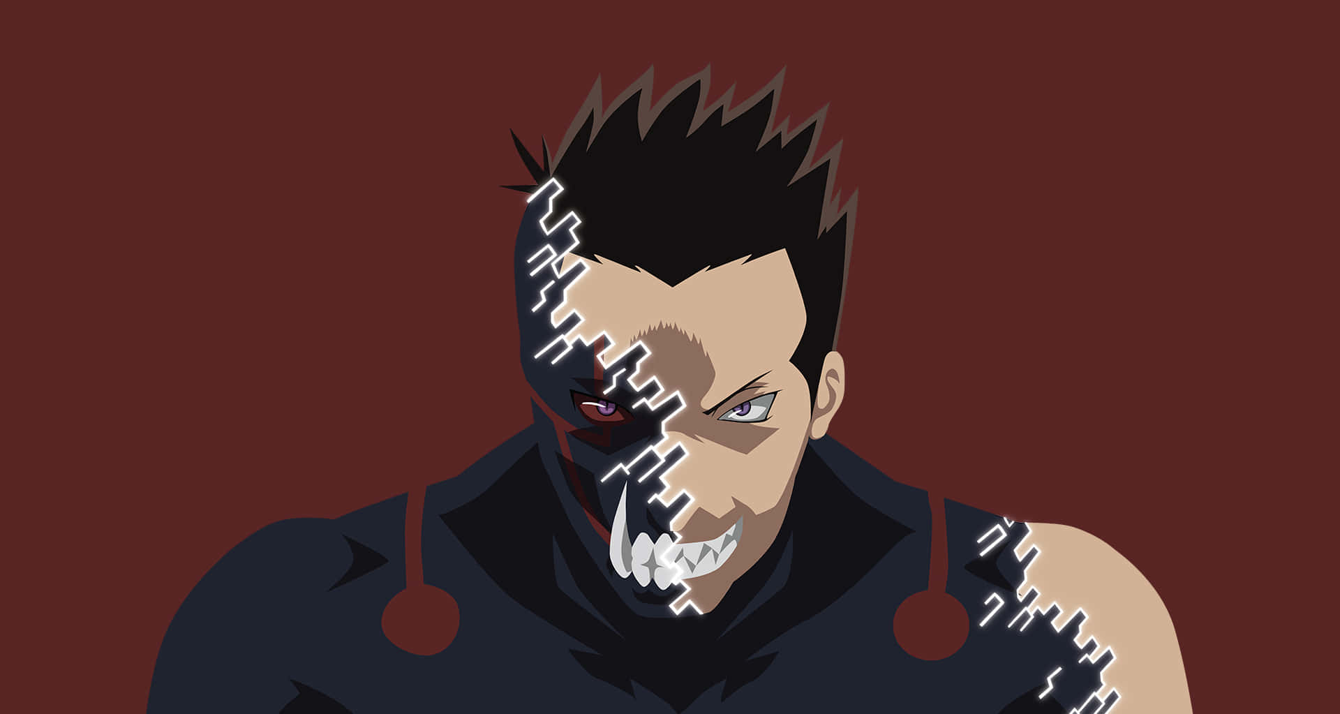 Greed 桌布 壁紙 — 一個威脅性的動漫角色，半邊臉被像素化，露出牙齒，背景為深紅色。