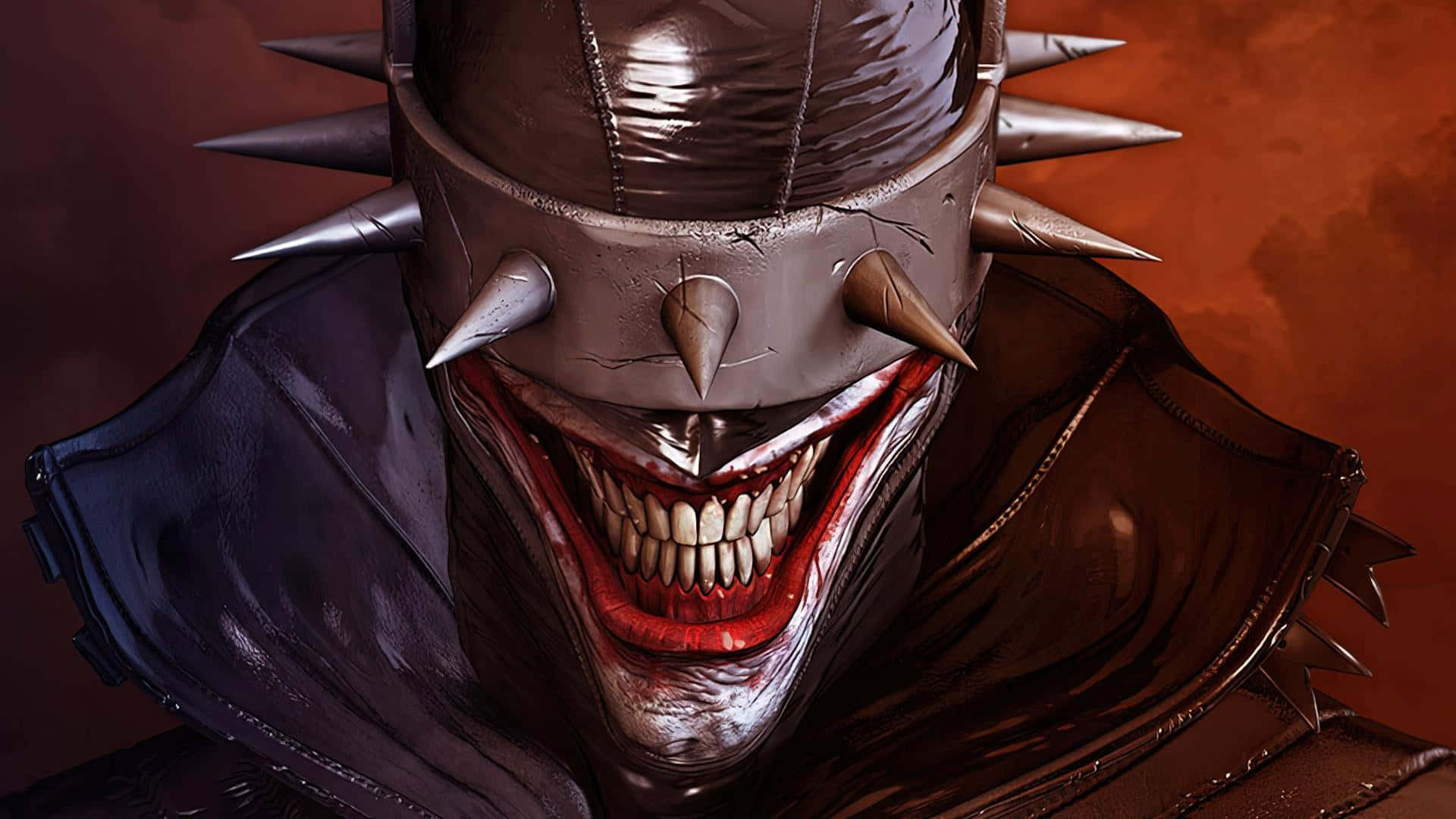 The Batman Who Laughs 桌布 壁紙 — 一個威脅性的動漫角色，戴著尖刺頭盔，張大嘴巴露出尖牙，背景是火熱的橙色。