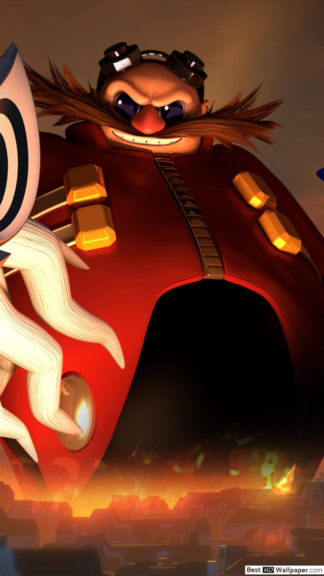 Eggman 桌布 壁紙 — 一個威脅性的卡通反派，頭髮凌亂，戴著護目鏡，穿著紅色西裝，在燃燒的城市景觀中冷笑。