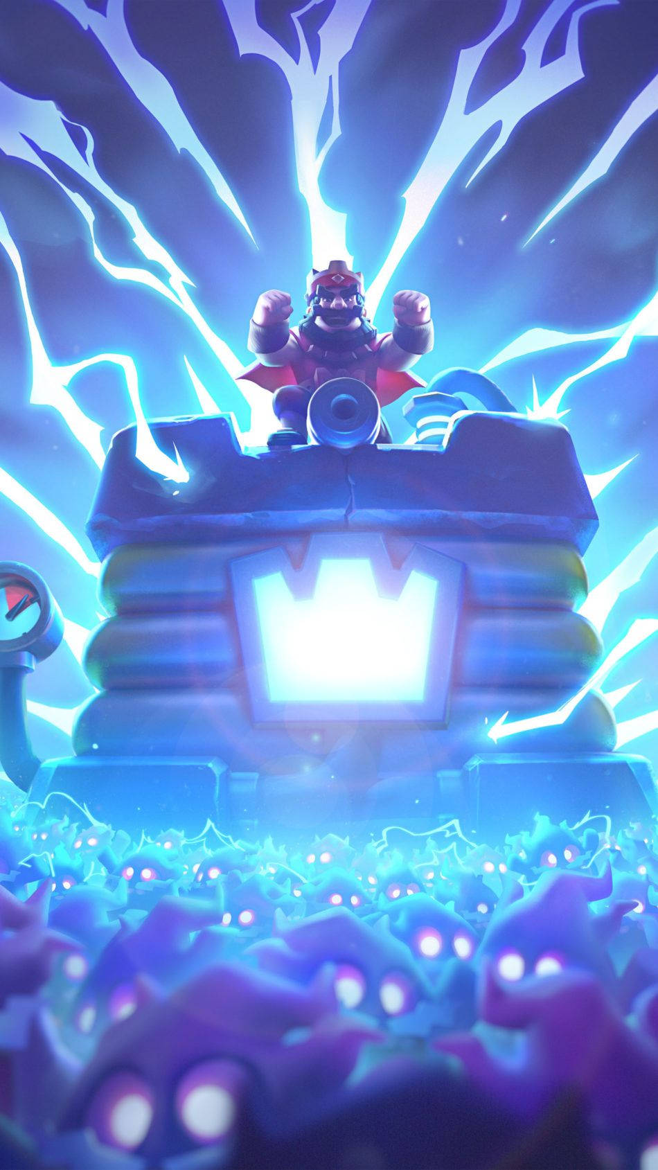 clash royale phone 桌布 壁紙 — 一個威脅性的卡通反派站在發光的寶座上，周圍環繞著電藍色閃電和下方發光的紫色生物。