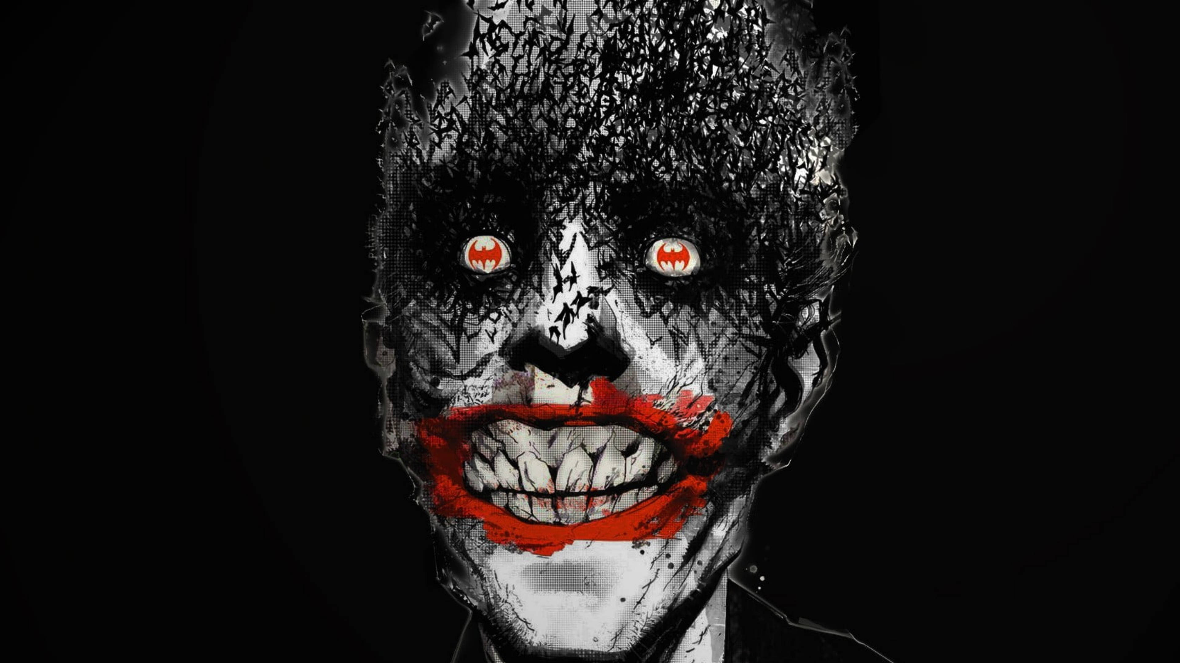 Joker Drawing 桌布 壁紙 — 一個威脅性的小丑特寫，皮膚龜裂，眼睛發出紅光，在黑色背景上露出沾滿血跡的咧嘴笑。