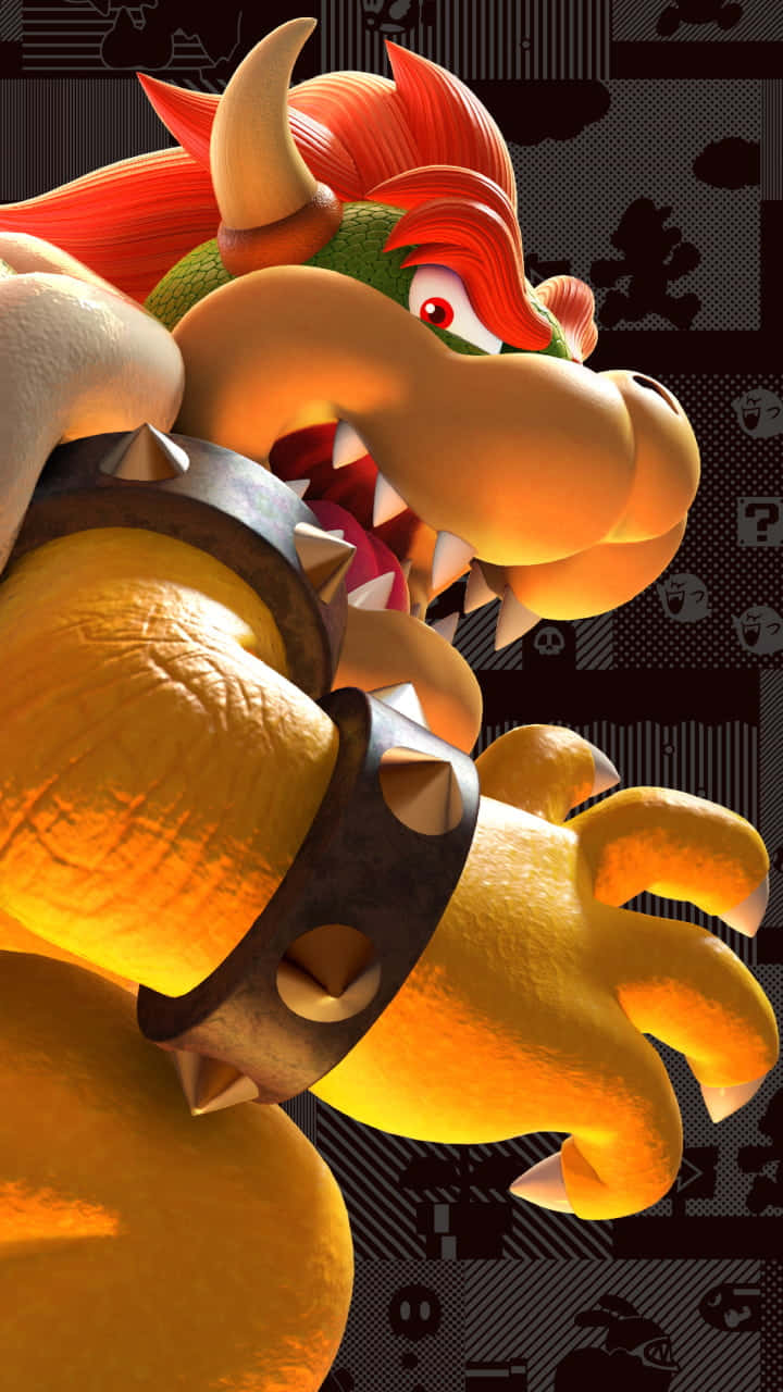 bowser 桌布 壁紙 — 一個威脅性的庫巴特寫，有著發光的紅眼睛和帶刺的臂環，背景是深色圖案。