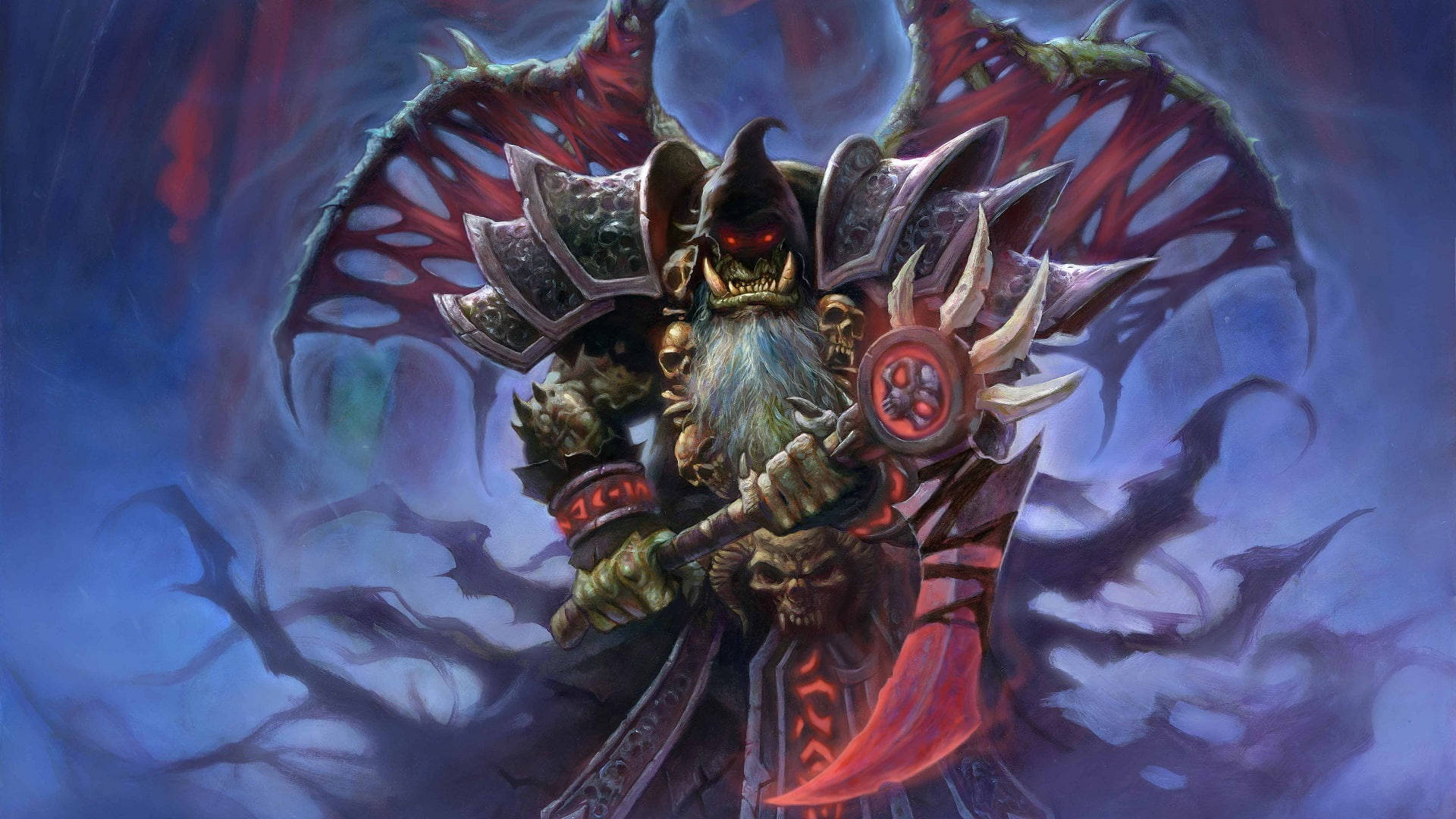 Death Knight 桌布 壁紙 — 一個威脅性的惡魔 warlord，擁有發光的紅色眼睛和蝙蝠般的翅膀，在旋轉的深藍色和紅色暴風雨背景下揮舞著血淋淋的斧頭。