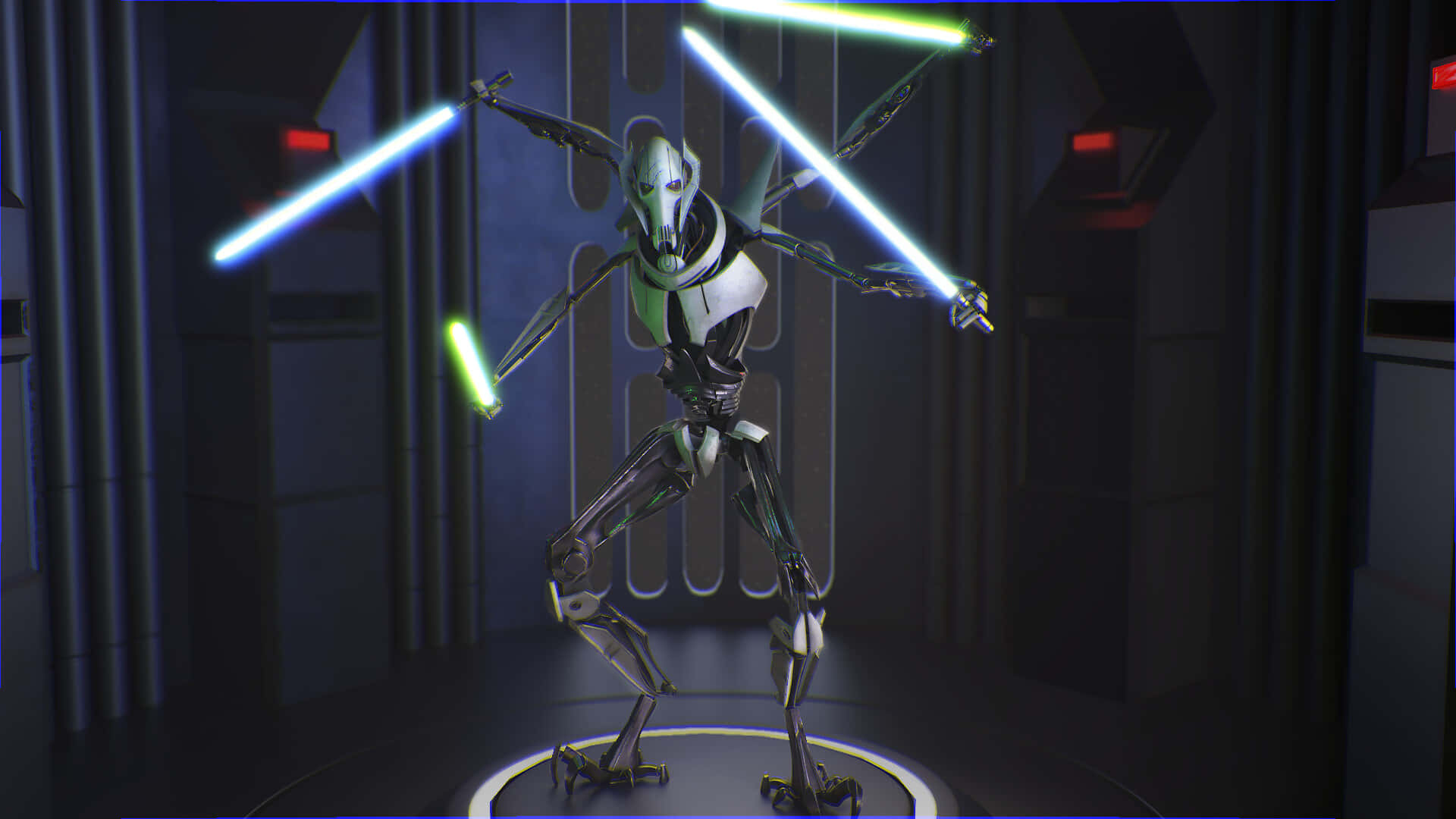 General Grievous 桌布 壁紙 — 一個威脅性的戰鬥機器人在未來主義的黑暗房間中揮舞著四把發光的光劍。