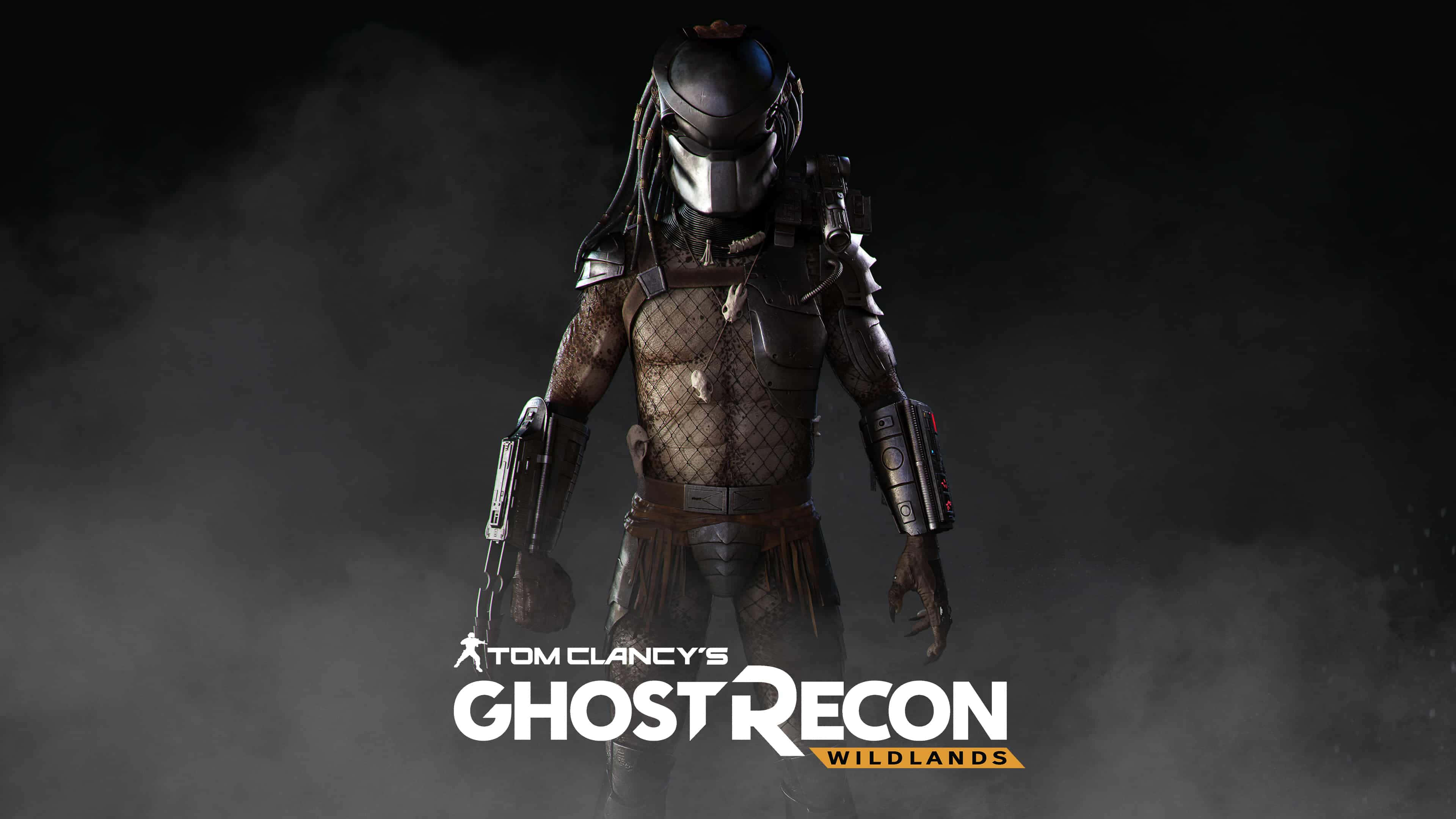 Ghost Recon 桌布 壁紙 — 一個威脅性的掠食者戰士站在煙霧瀰漫的黑暗中，手持武器，眼睛發光，身穿精緻的盔甲。