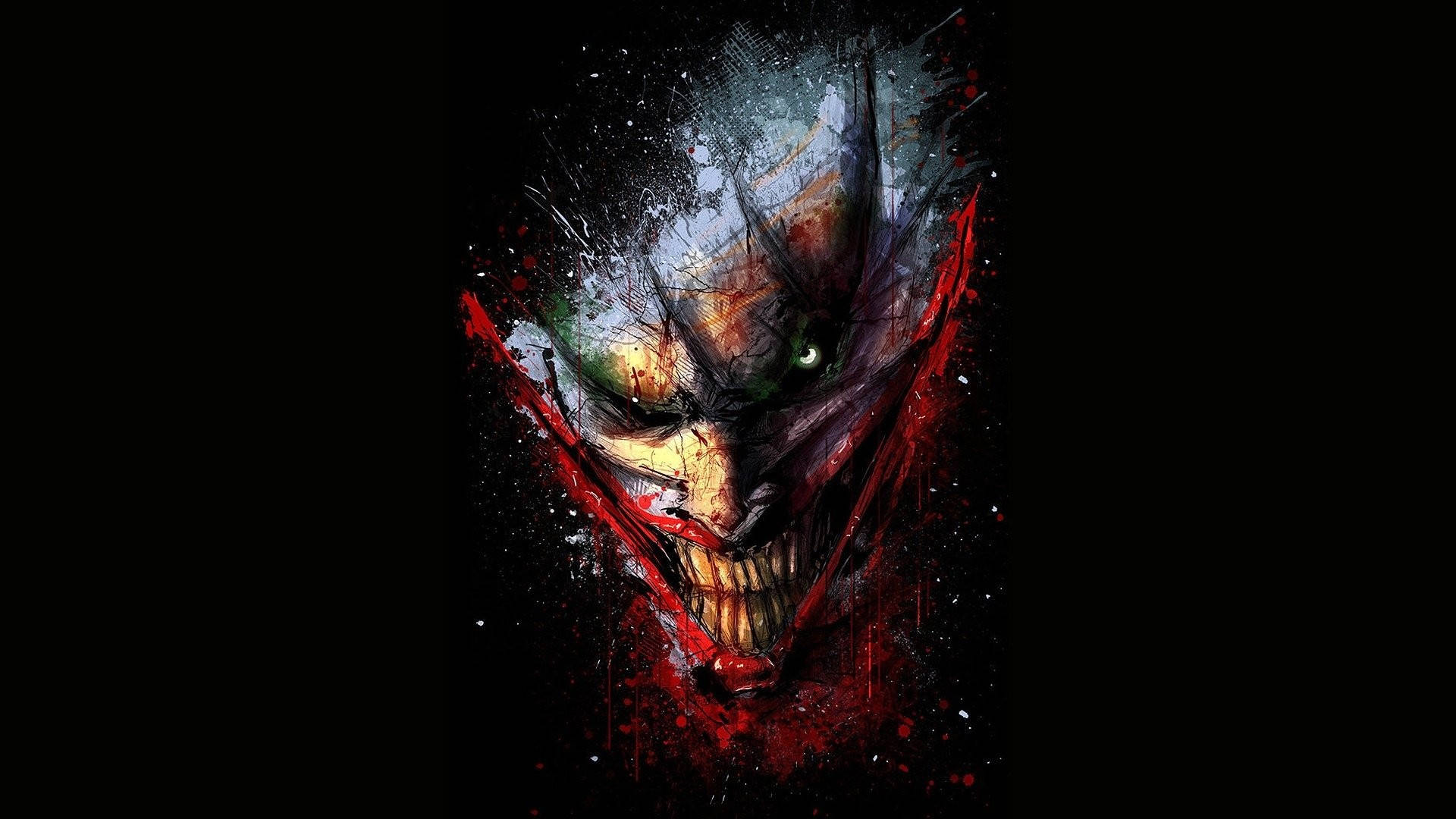 Joker Desktop 桌布 壁紙 — 一個威脅性的數位藝術肖像，描繪一個怪誕、半濺的臉，帶有發光的綠色眼睛和鋸齒狀的紅色眼淚，背景為黑色。