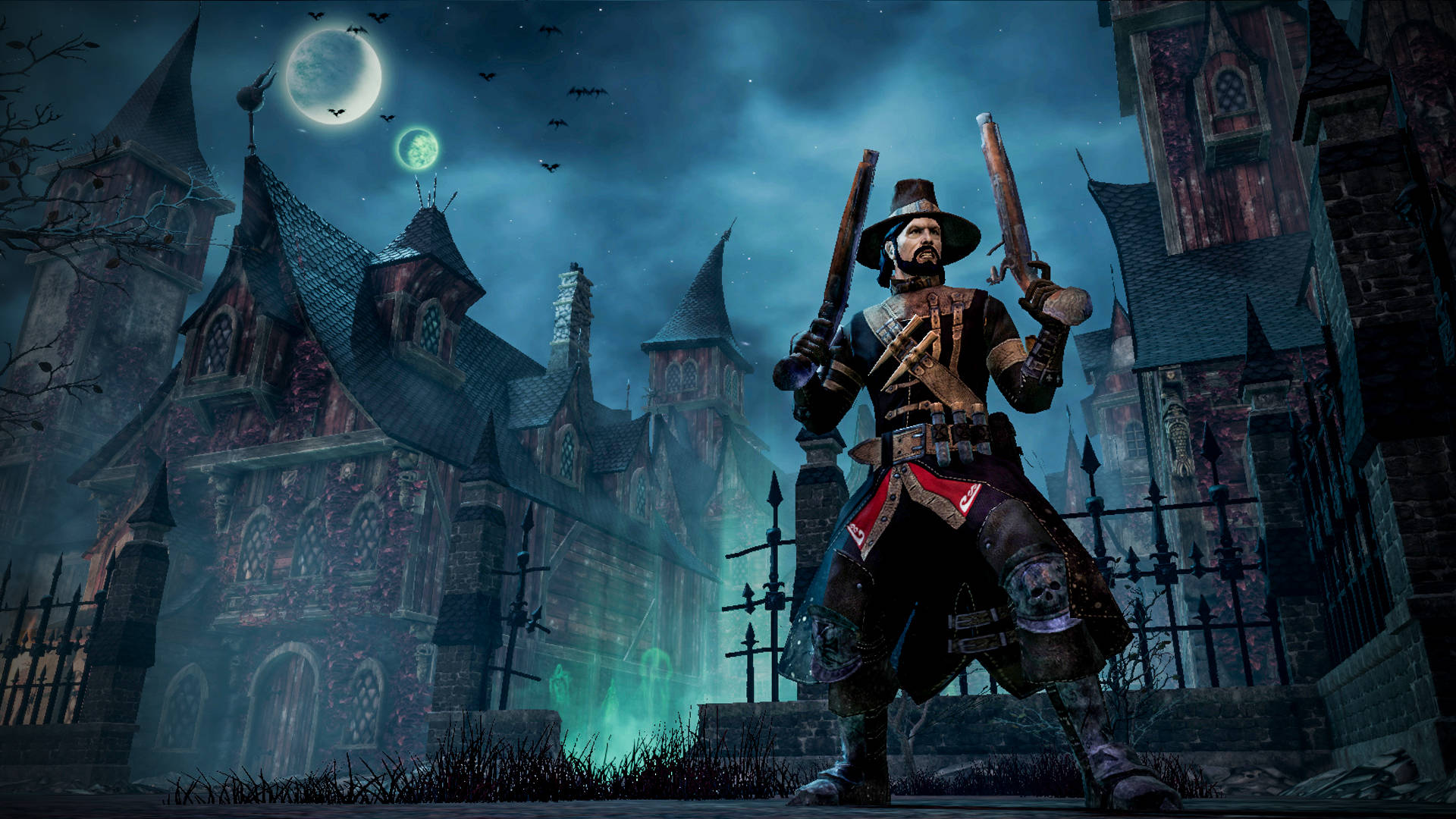 mordheim city of the damned 桌布 壁紙 — 一個威脅性的海盜手持雙槍，站在新月和發光綠色球體下的哥德式鬼屋前。