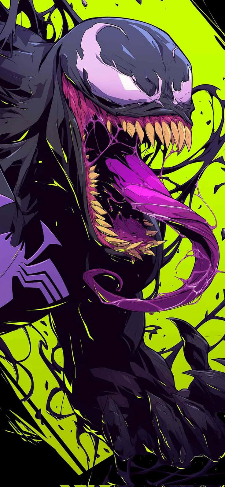 Venom 壁紙 — 一個威脅性的漫畫反派，擁有黑色共生體身體、紫色眼睛和一個張開的嘴巴，裡面充滿鋒利的牙齒，背景是霓虹綠色。