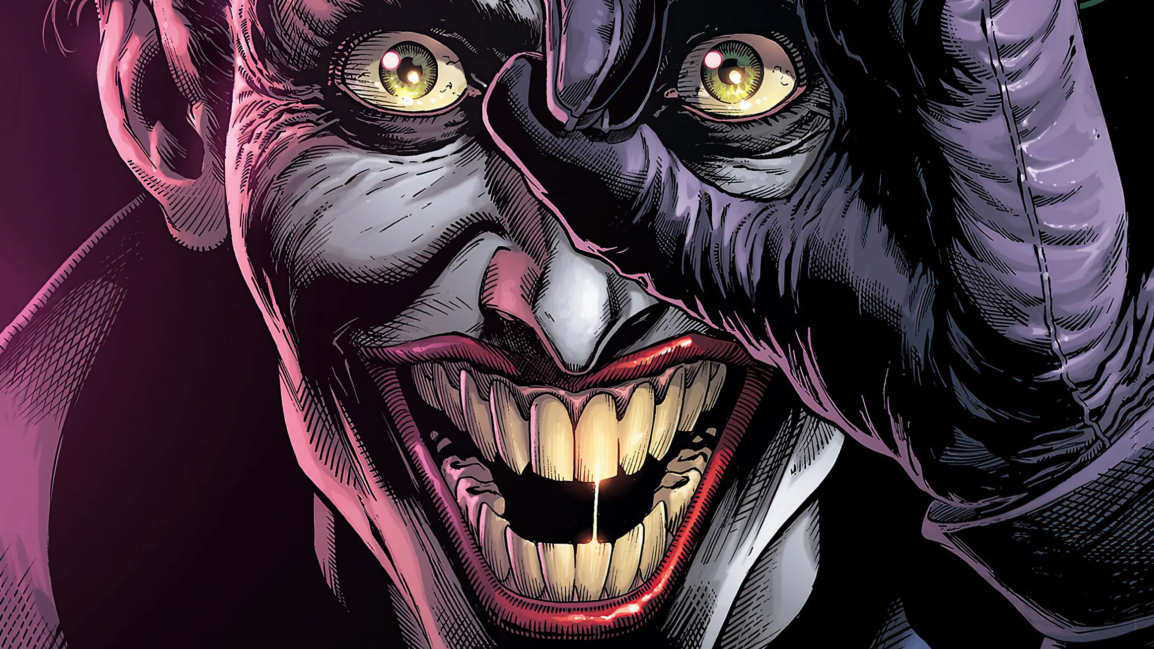 Batman Three Jokers 桌布 壁紙 — 一個威脅性的漫畫書反派，擁有發光的黃色眼睛和寬闊的露齒笑容，手按在臉上，呈現出陰險的特寫。