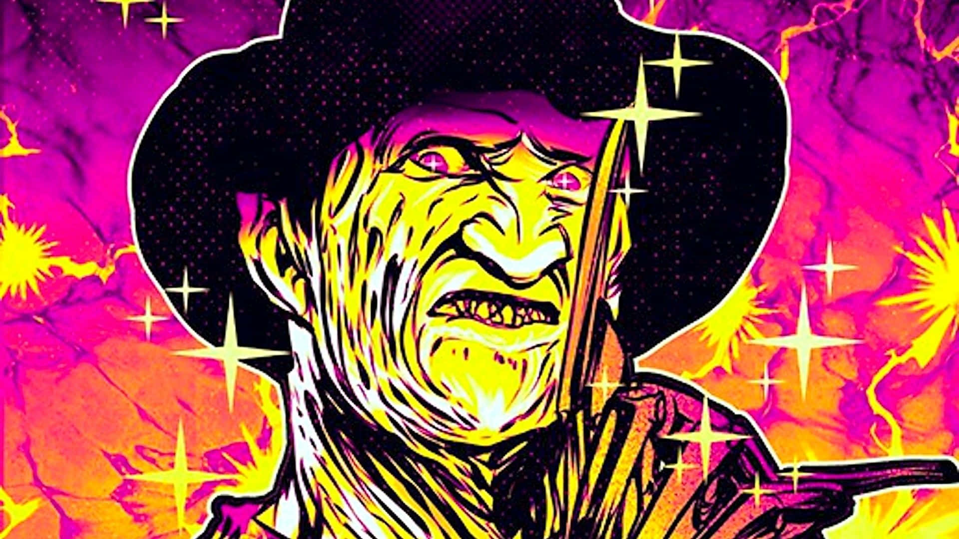 Monster Movies 桌布 壁紙 — 一個威脅性的牛仔，眼睛發光，咧嘴大笑，手持一把刀，背景是充滿活力的紫色和橙色星爆圖案。