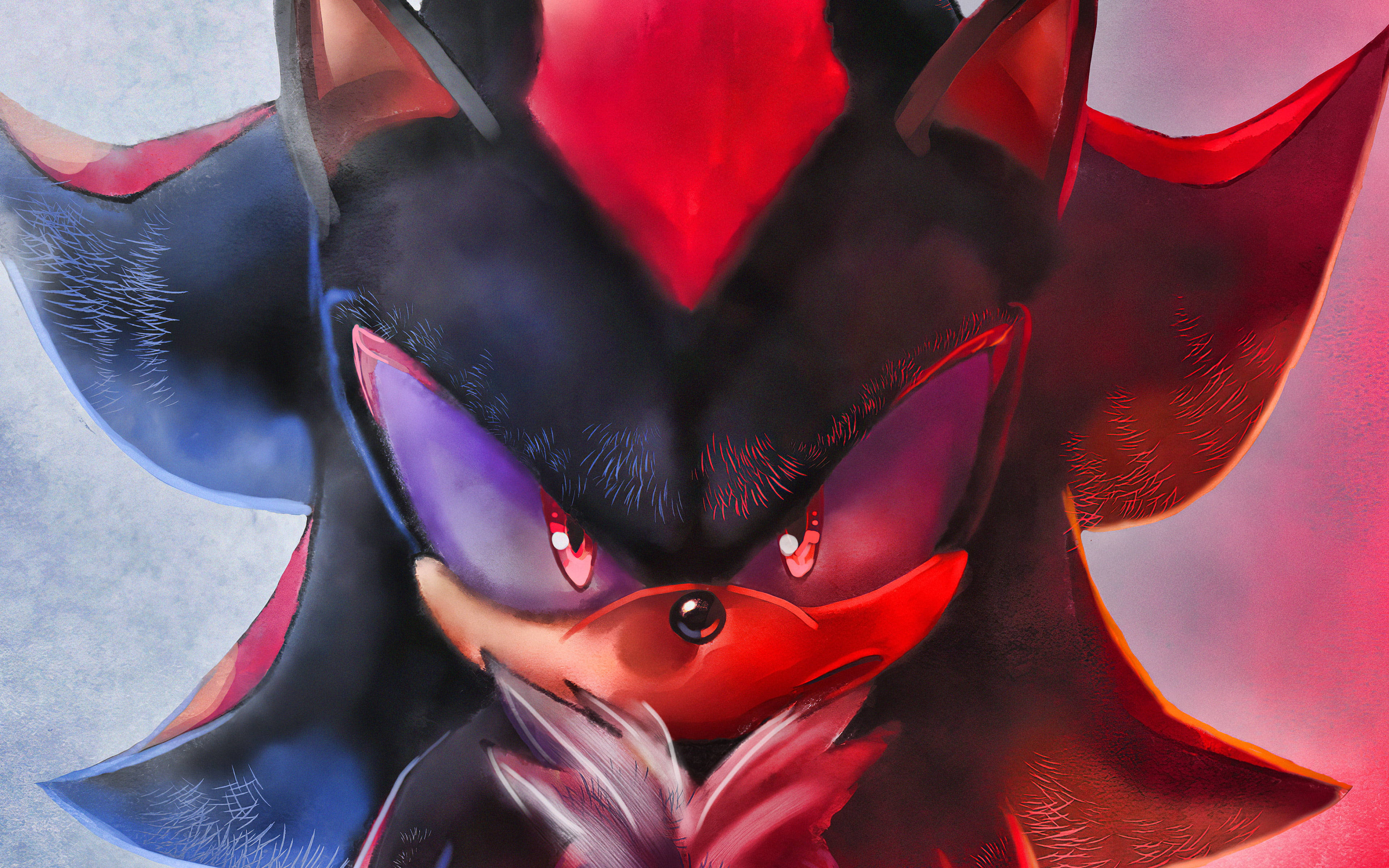 電玩遊戲 桌布 壁紙 — 一個威脅性的特寫，陰影刺蝟（Shadow the Hedgehog）擁有發光的紅色眼睛和深色毛髮，背景是漸變的紅色和藍色。