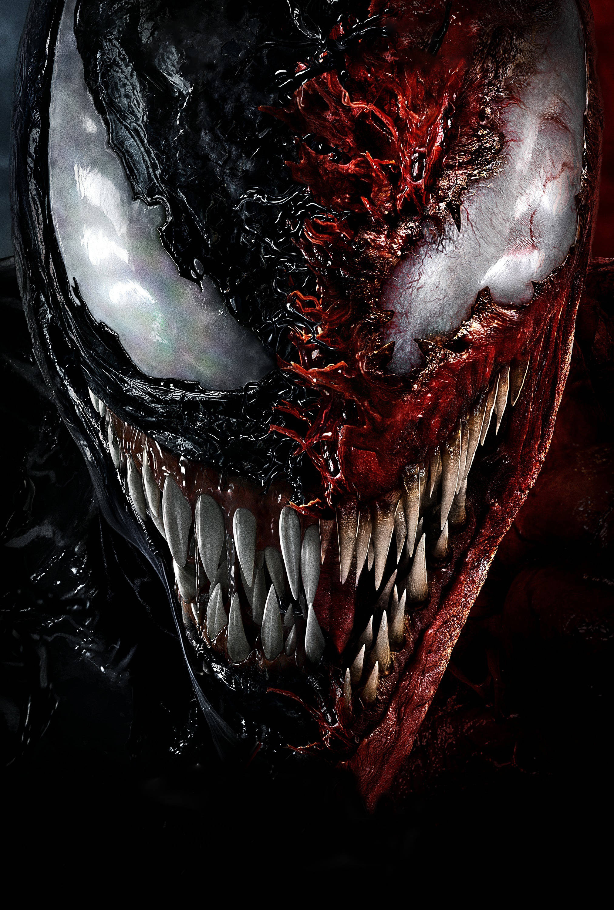 Carnage 桌布 壁紙 — 一個威脅性的特寫，顯示毒液怪異的臉孔，擁有鋒利的牙齒和發光的白色眼睛，背景為黑暗。