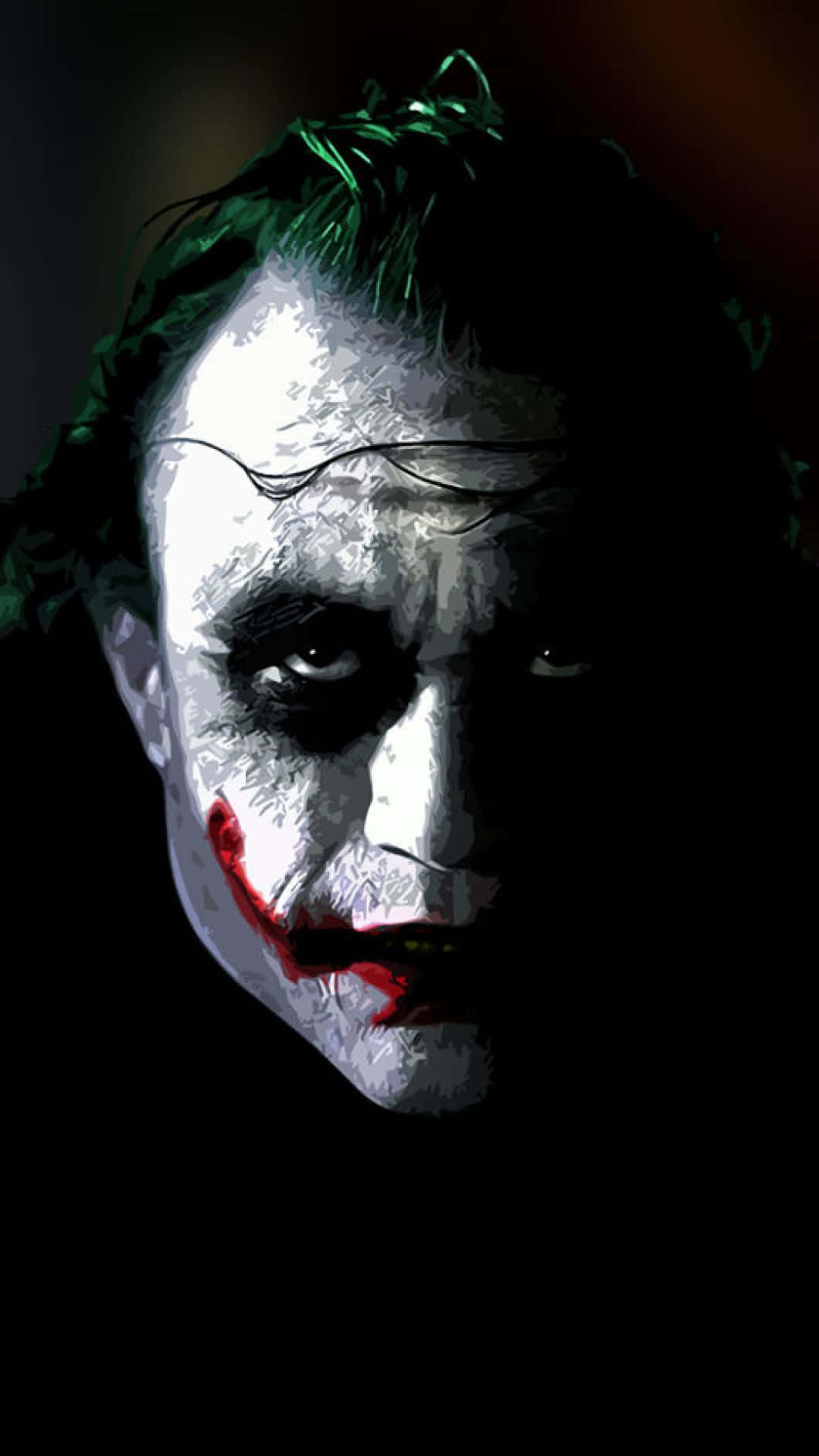 Evil Joker 桌布 壁紙 — 一個威脅性的特寫鏡頭，小丑擁有綠色頭髮、白色臉龐和紅色塗抹的嘴唇，背景為黑暗。