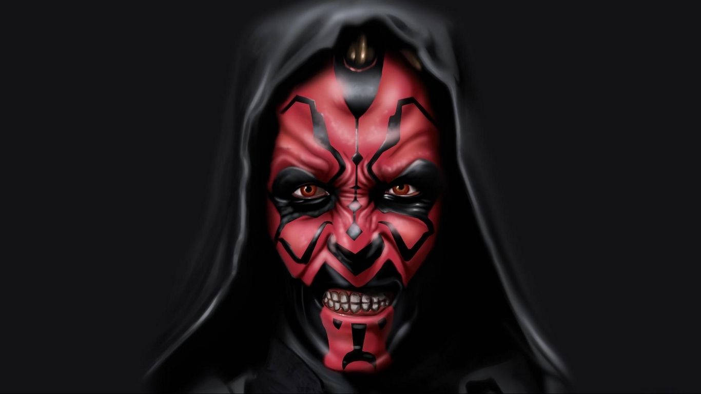 Maul 桌布 壁紙 — 一個威脅性的特寫鏡頭，達斯魔在黑暗背景下，眼睛發出紅光，戴著黑色兜帽。