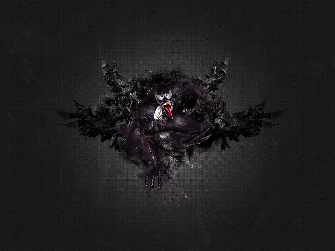 Venom Carnage 桌布 壁紙 — 一個威脅性的猛毒角色衝破一個黑暗、破碎的表面，鋒利的黑色碎片向外輻射。